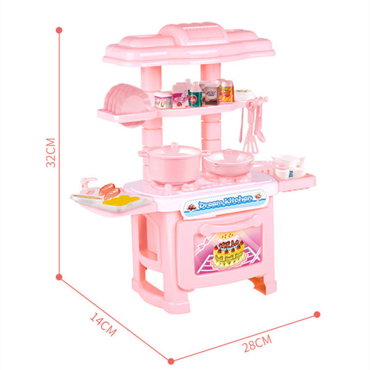 Pink plastic toy kitchen set for kids, with stove, oven, pots, pans, and play food.