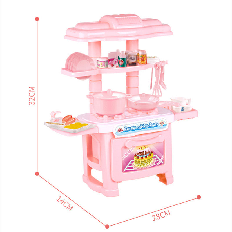 Pink plastic miniature kitchen playset for kids, featuring stove, oven, sink, pots, pans, and accessories.