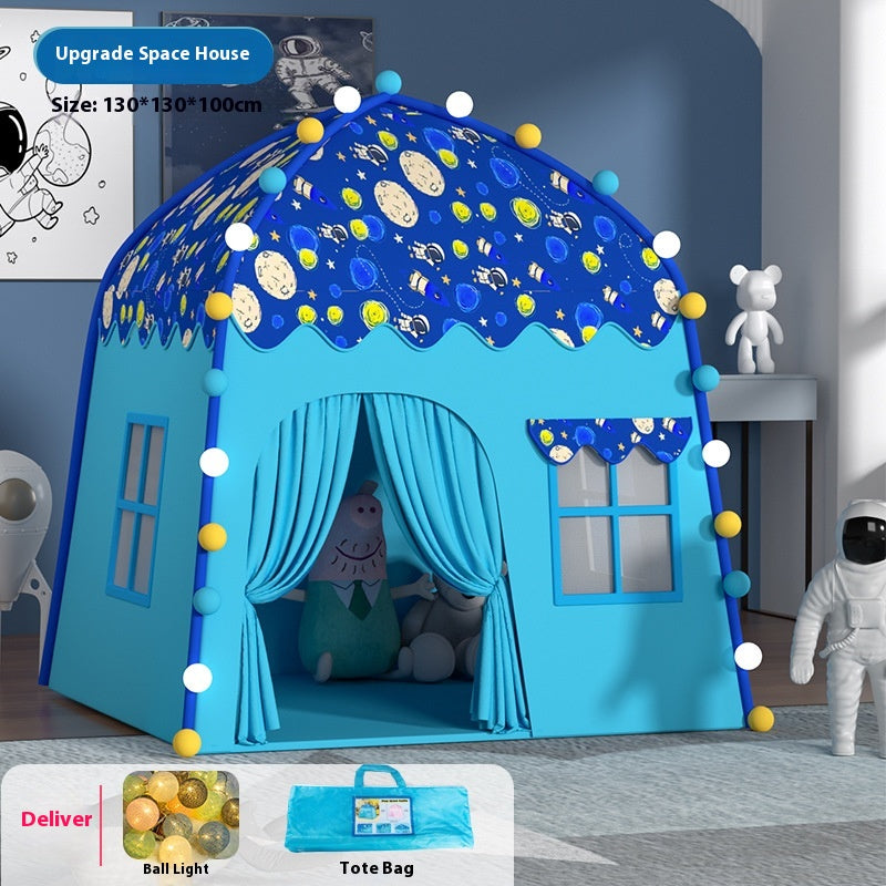Blue space-themed play tent with LED lights, windows, and a carrying bag for kids.