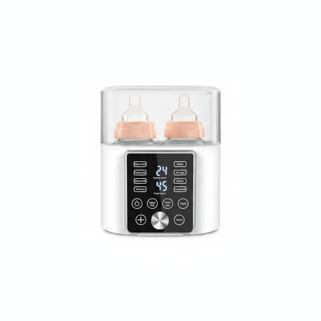 White smart baby bottle warmer with dual compartments, digital display, and constant temperature control.
