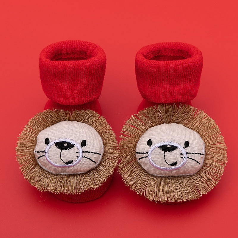 Red cotton baby socks with cute lion faces and anti-slip soles.