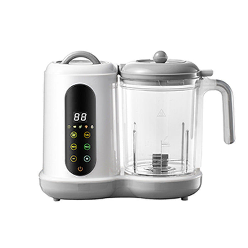 White and gray automatic baby food maker with digital display, steamer, and blender.