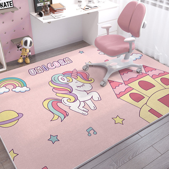 Pink crystal velvet kids' rug with a unicorn, rainbow, and castle design.