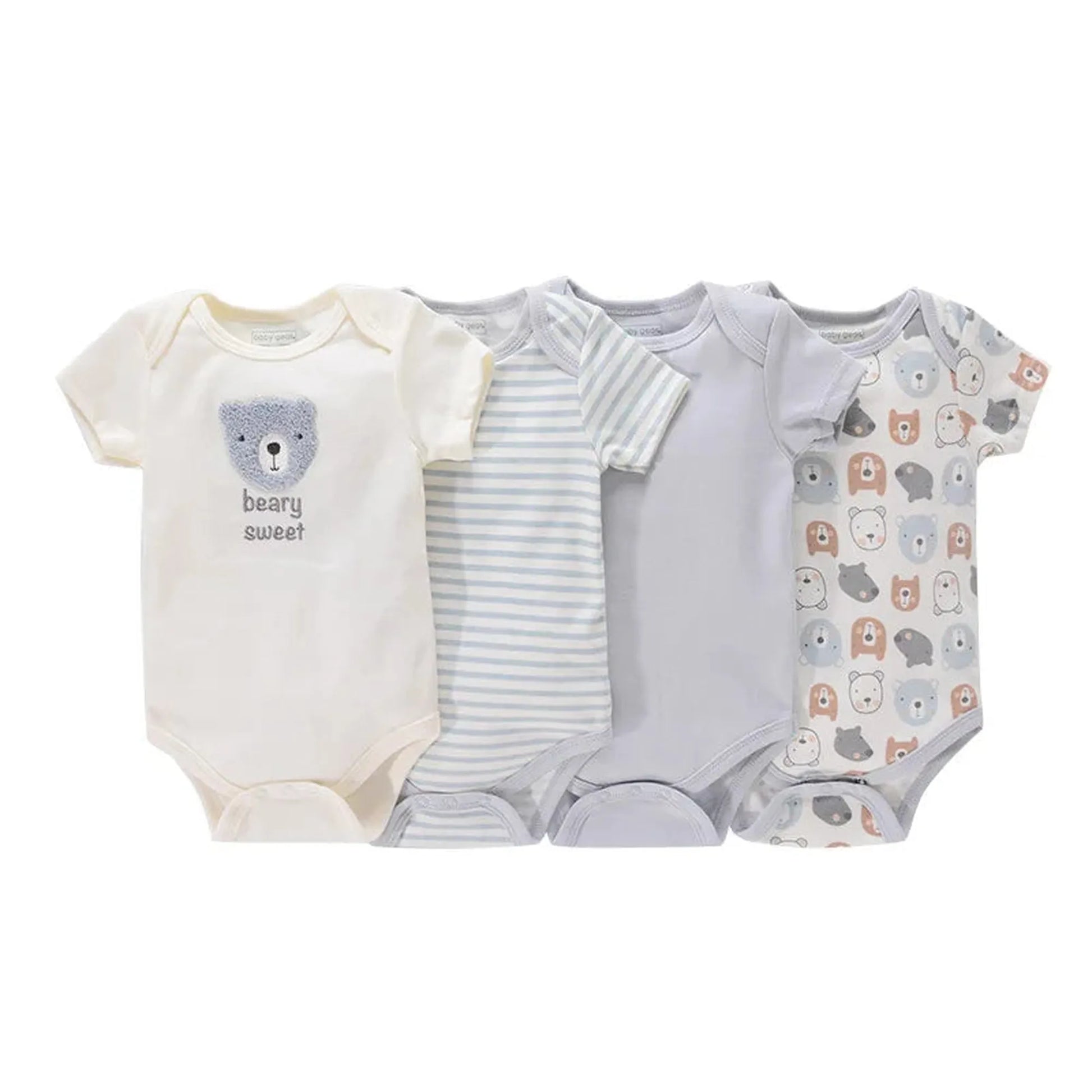 Four short-sleeve cotton baby bodysuits: white with a bear and "beary sweet" text, light blue stripes, solid light blue, and a bear print.