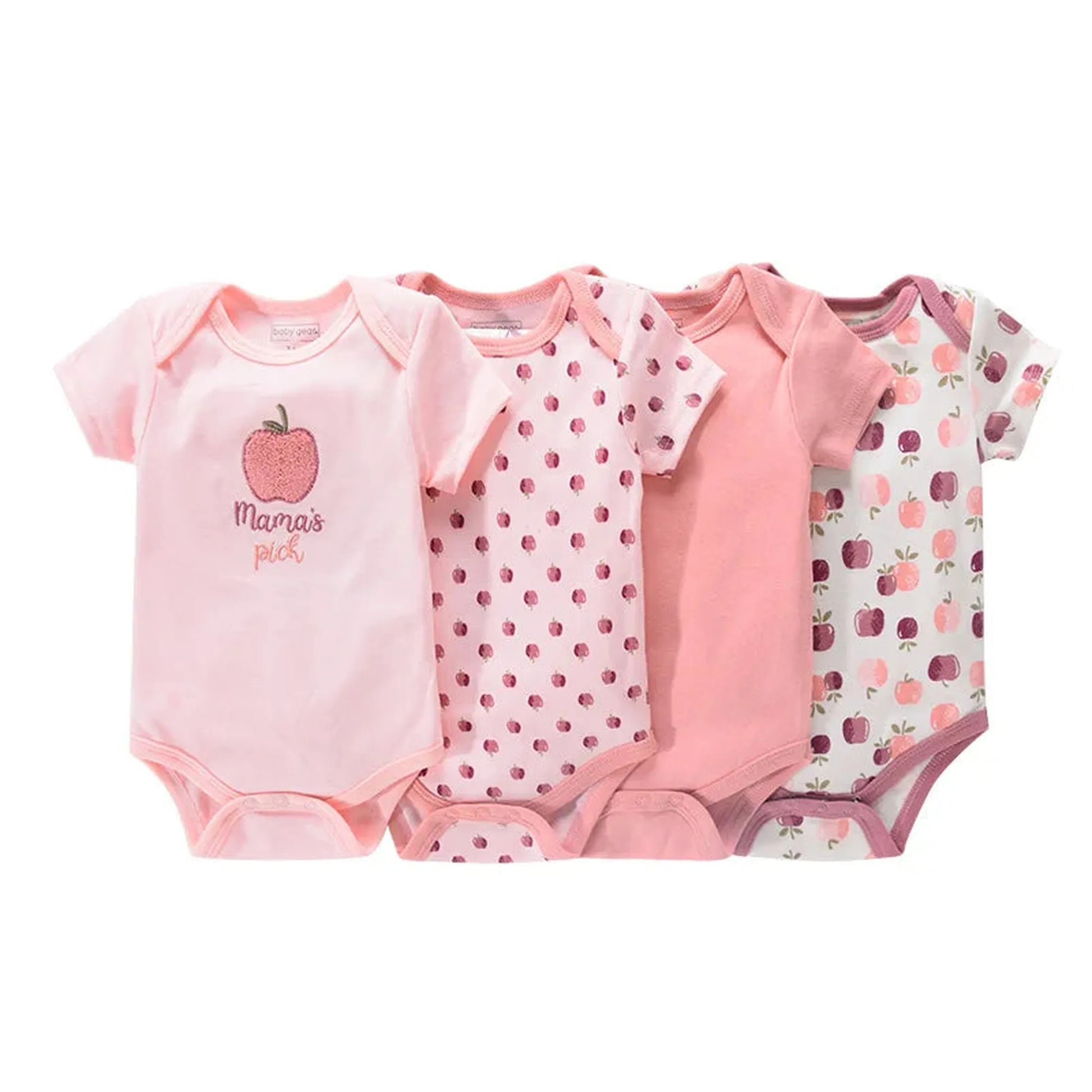 Four pink short-sleeve baby bodysuits made of 100% cotton, with apple prints and "Mama's Pick" text.