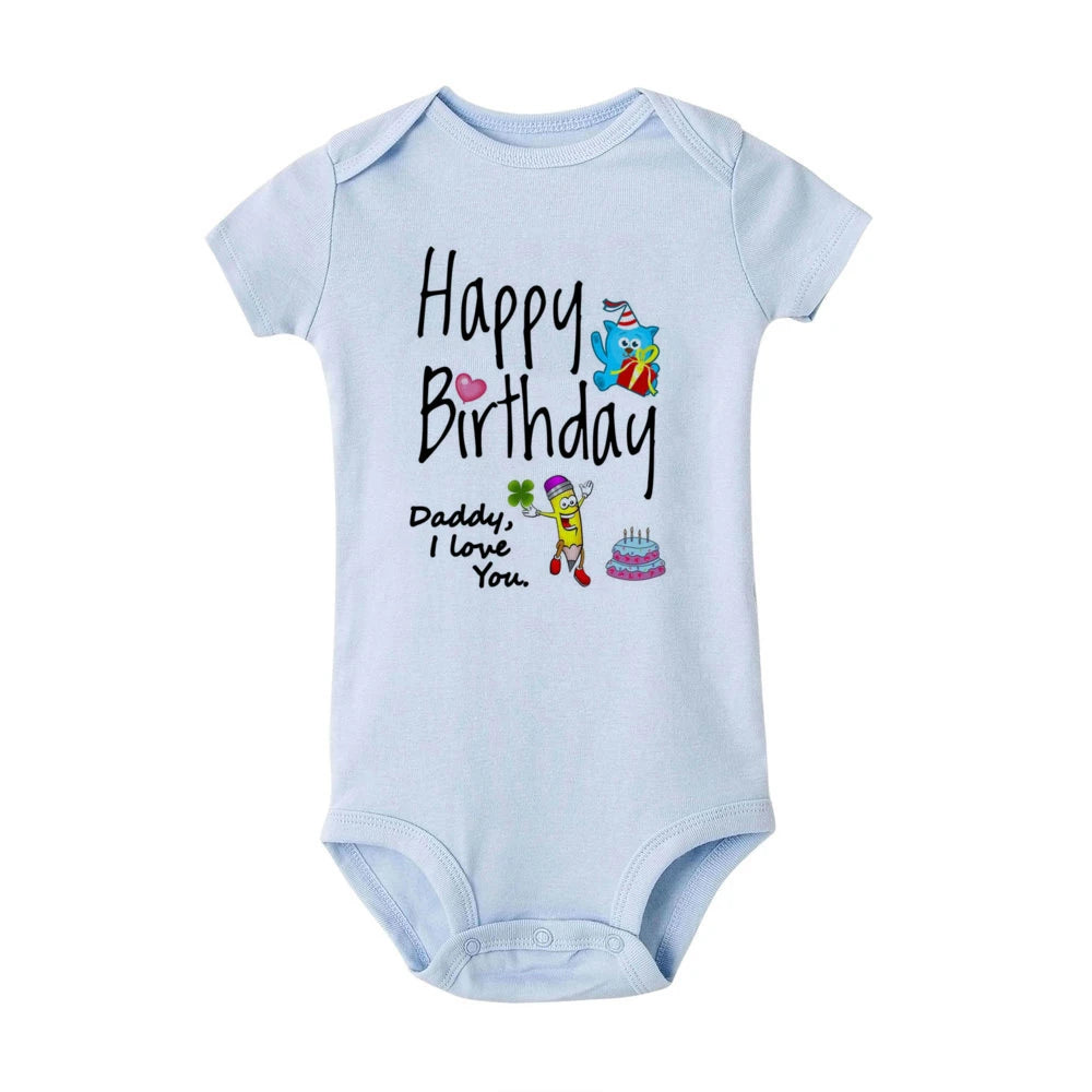 Light blue baby bodysuit with "Happy Birthday Daddy, I love You" text and festive cartoon graphics.
