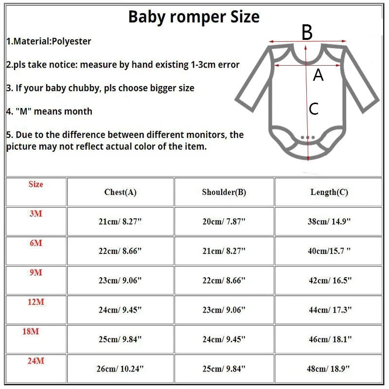 Baby romper size chart with chest, shoulder, and length measurements in cm/inches for 3M-24M.
