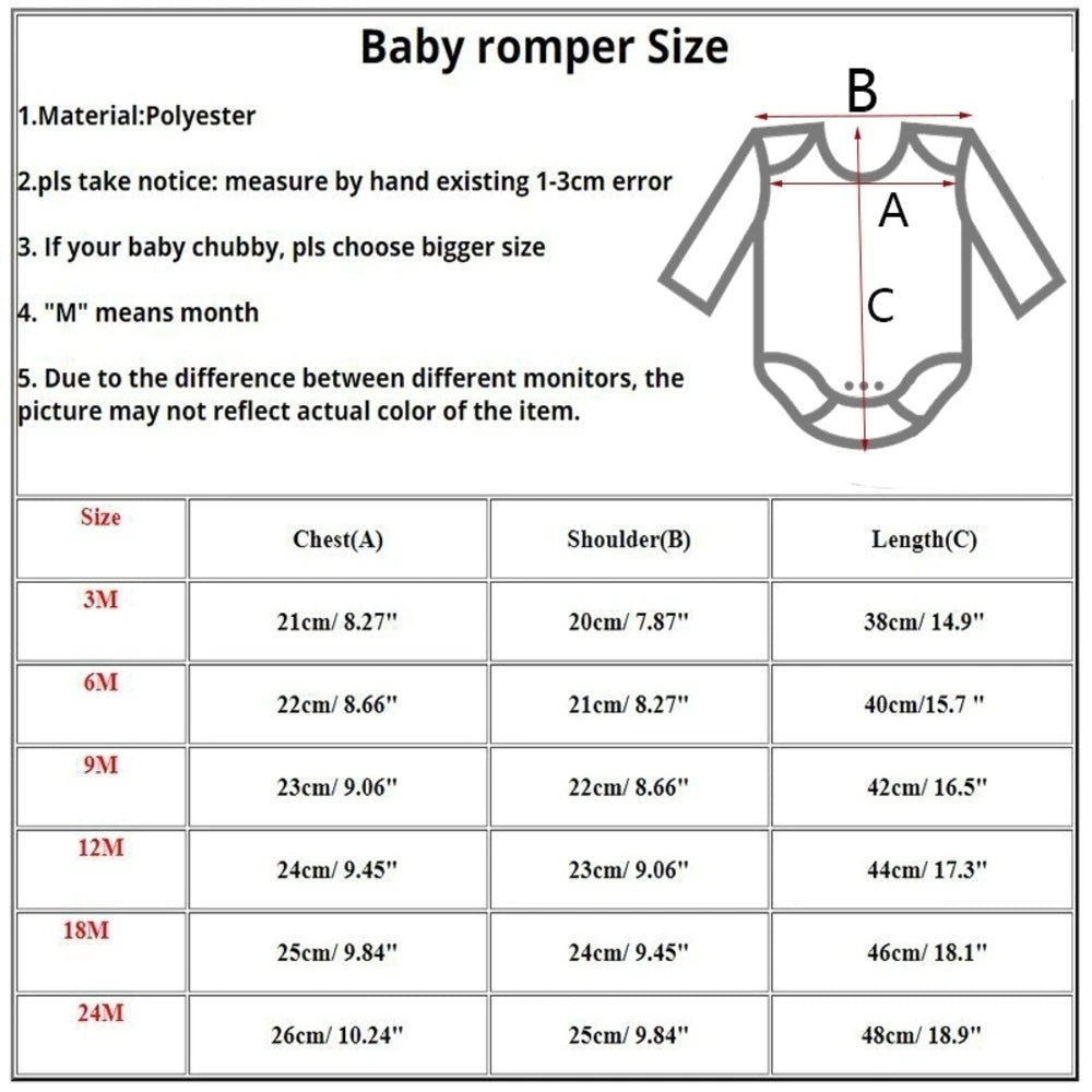 Baby romper size chart with chest, shoulder, and length measurements in cm/inches for ages 3-24 months.