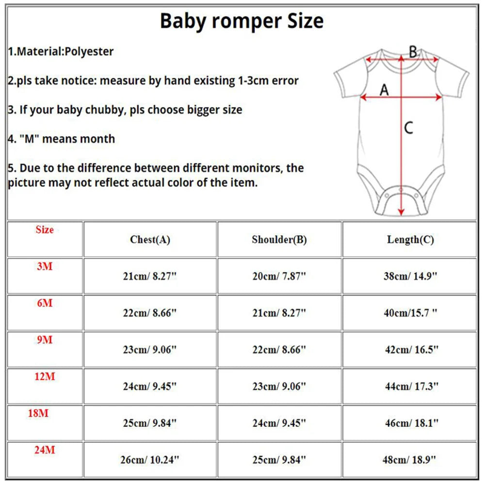 Baby romper size chart with chest, shoulder, and length measurements in cm/inches for ages 3-24 months.
