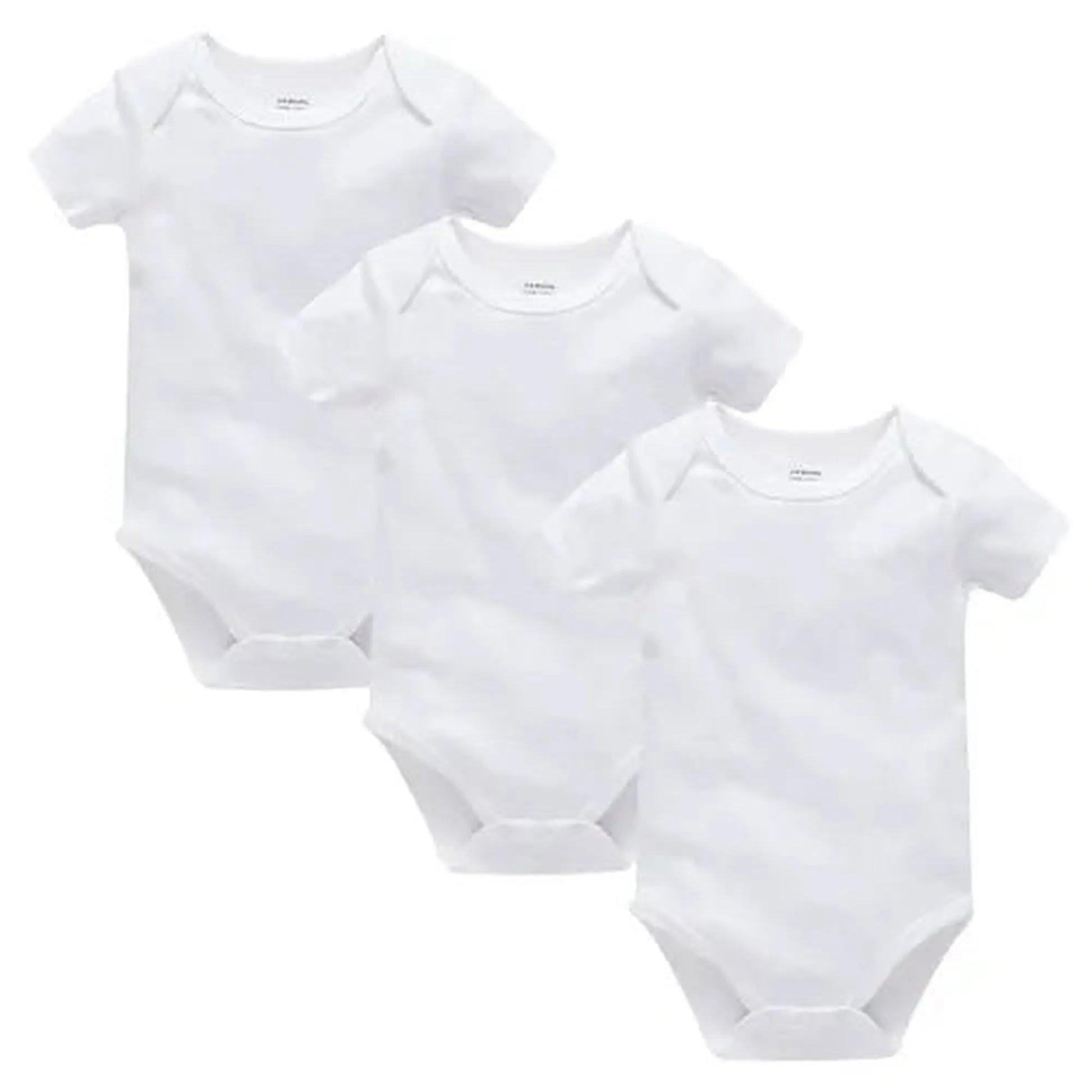 Three white short-sleeve cotton baby bodysuits with snap closures, perfect for everyday wear.