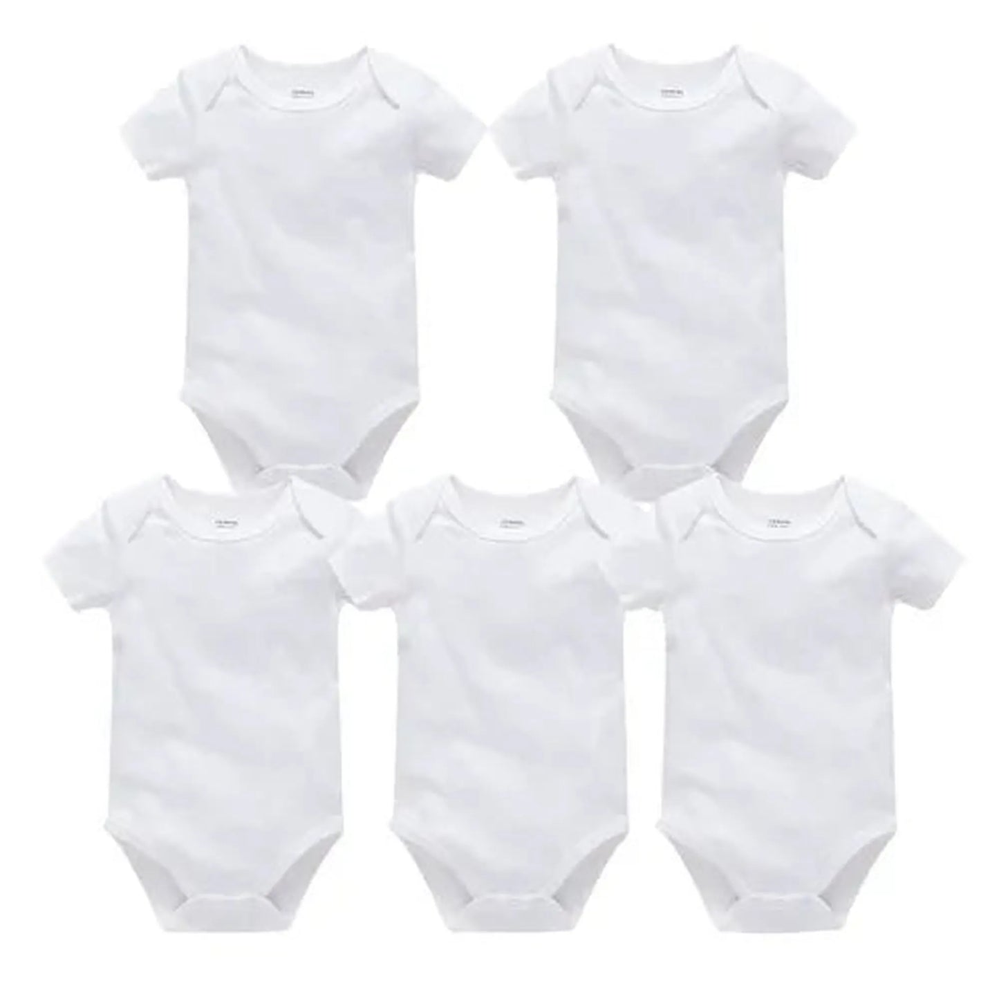 Five white short-sleeve cotton baby bodysuits with snap closures, perfect for everyday wear.