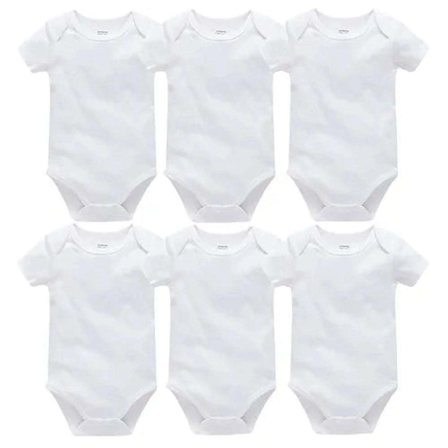 Six white short-sleeve cotton baby bodysuits with snap closures, ideal for newborns 0-24 months.