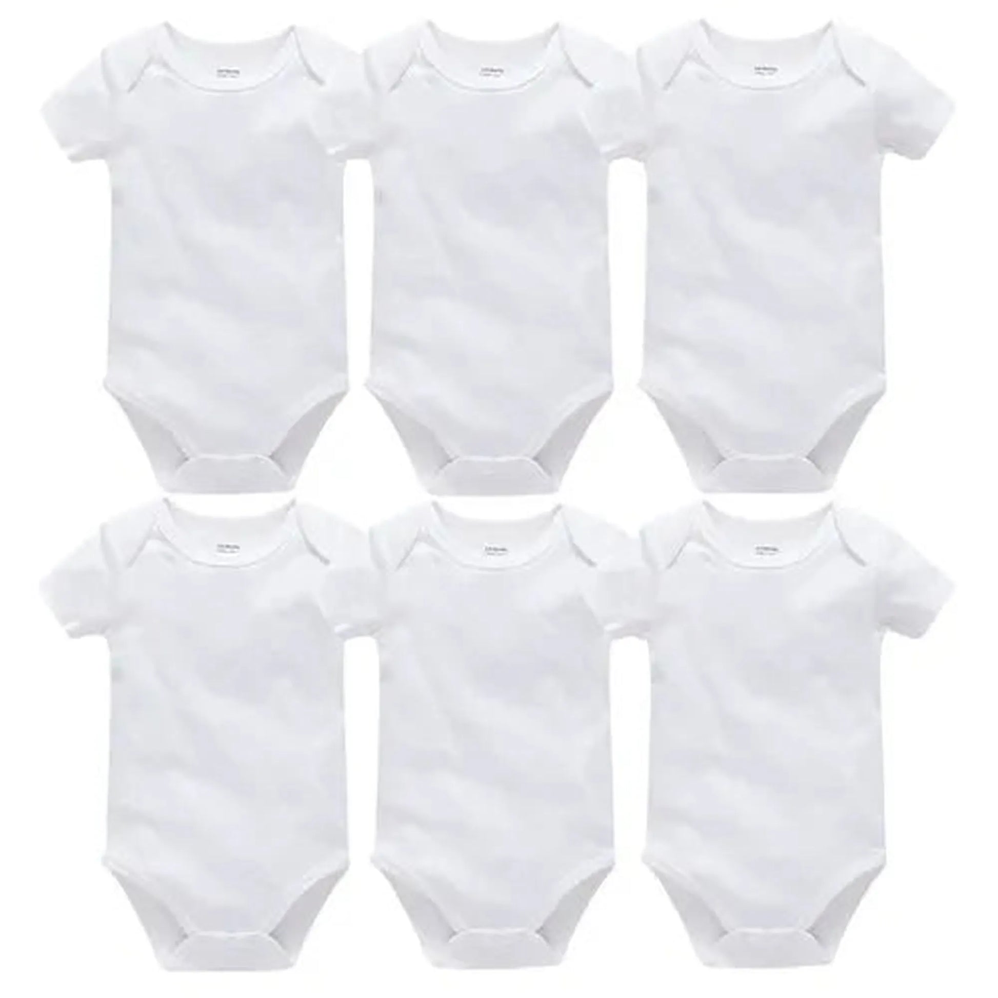 Six white short-sleeve cotton baby bodysuits with snap closures, ideal for newborns 0-24 months.