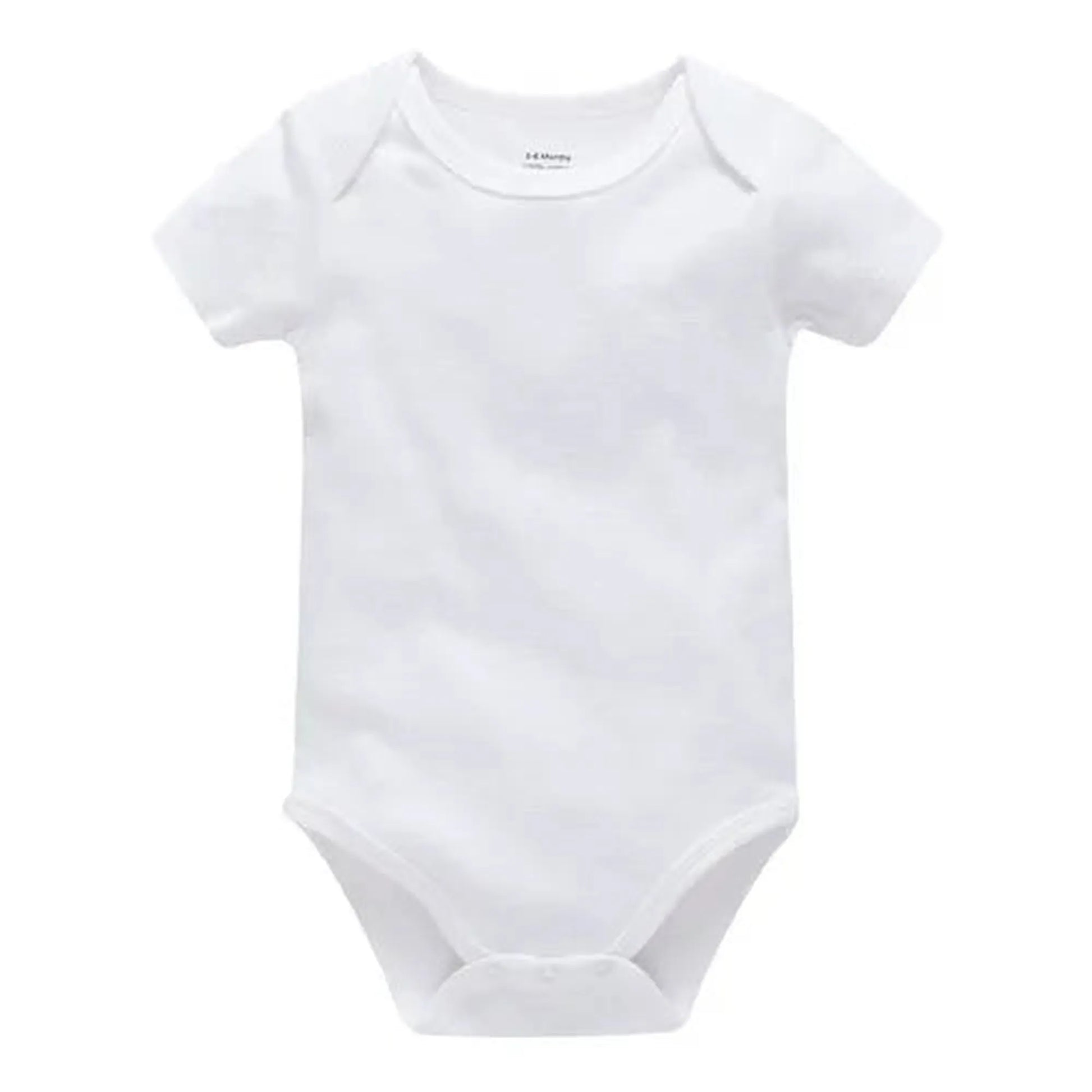White short-sleeve cotton baby bodysuit with snap closures, perfect for 0-24 months.