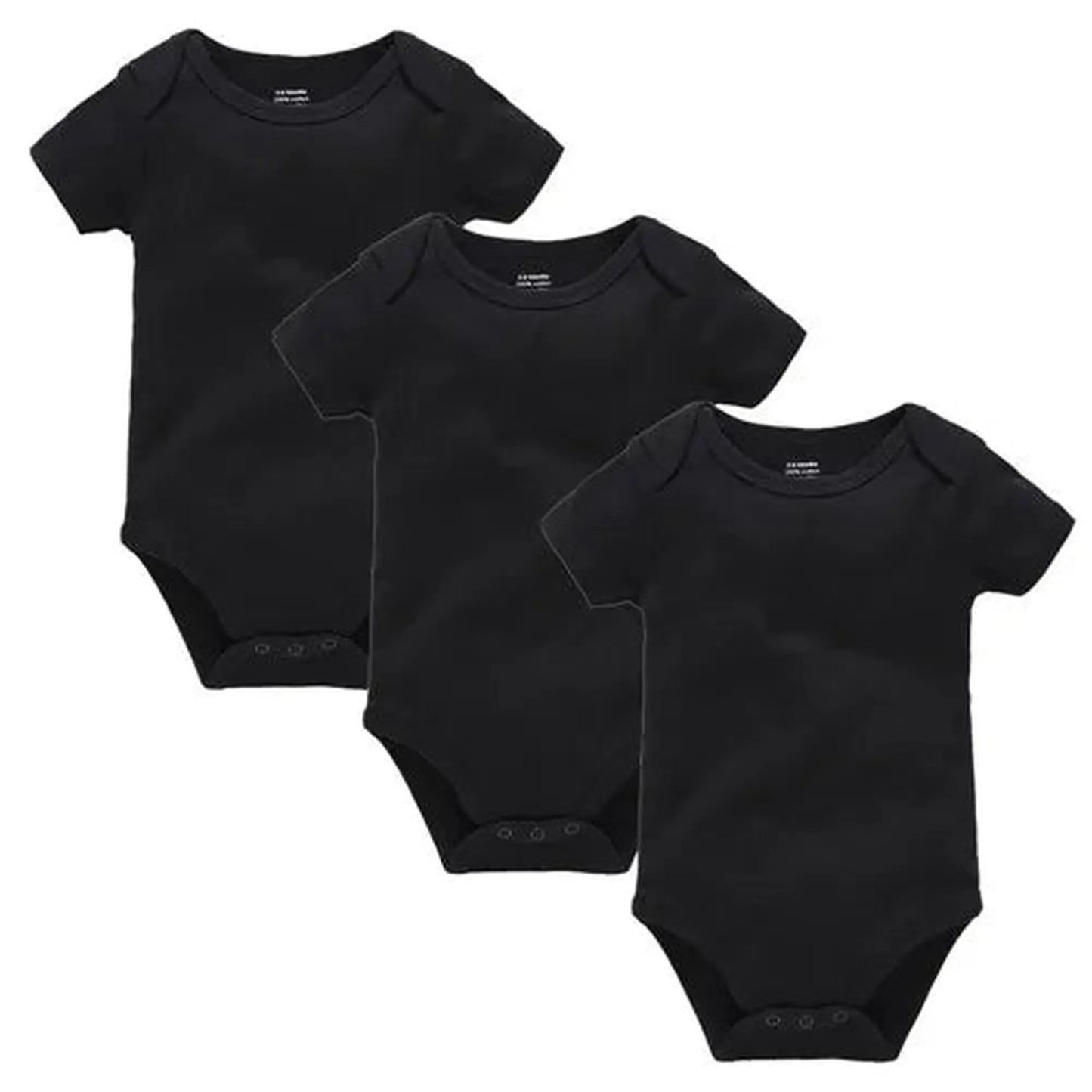 Three black short-sleeve cotton baby bodysuits with snap closures, perfect for everyday wear.