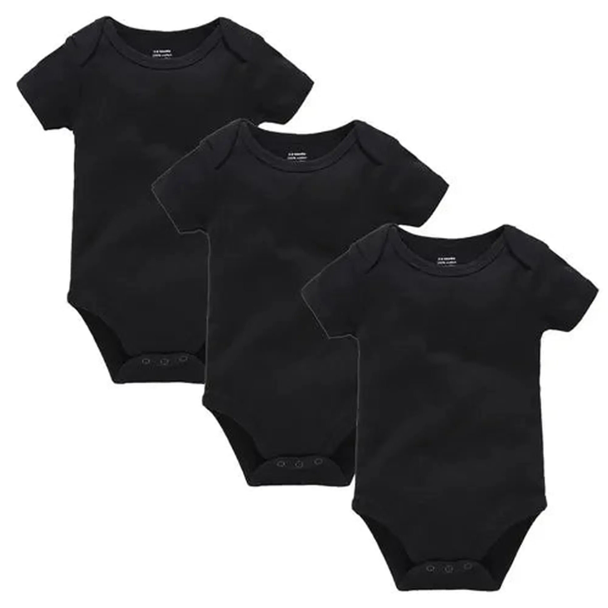 Three black short-sleeve cotton baby bodysuits with snap closures, perfect for everyday wear.
