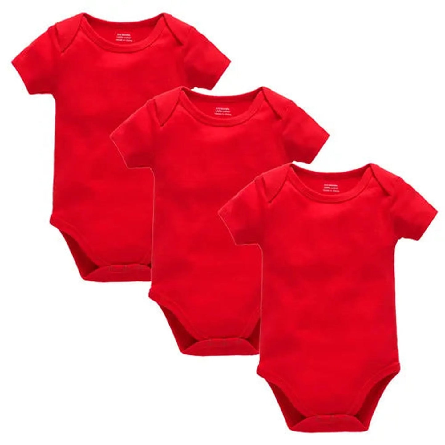 Three red short-sleeve cotton baby bodysuits with snap closures, perfect for everyday wear.