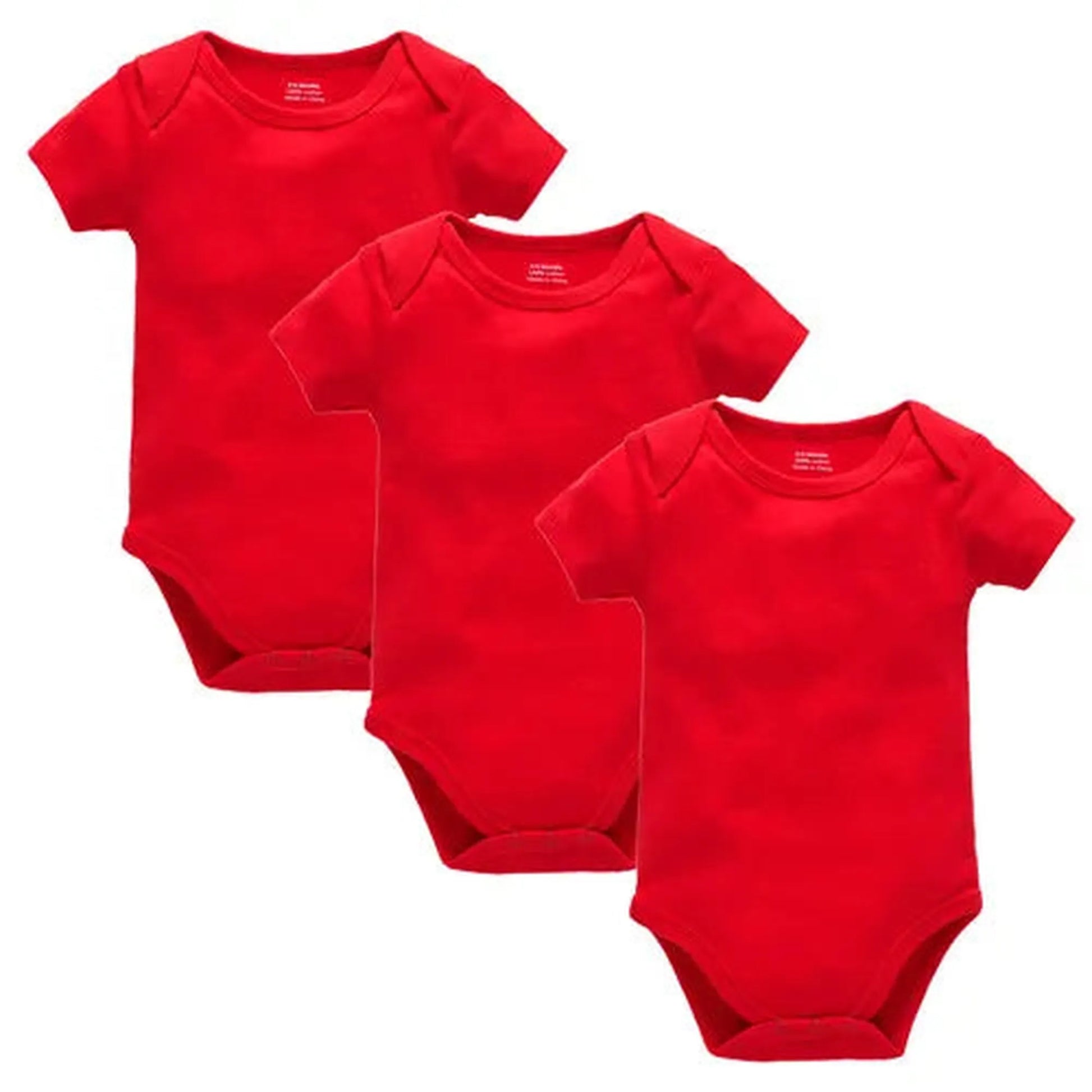 Three red short-sleeve cotton baby bodysuits with snap closures, perfect for everyday wear.