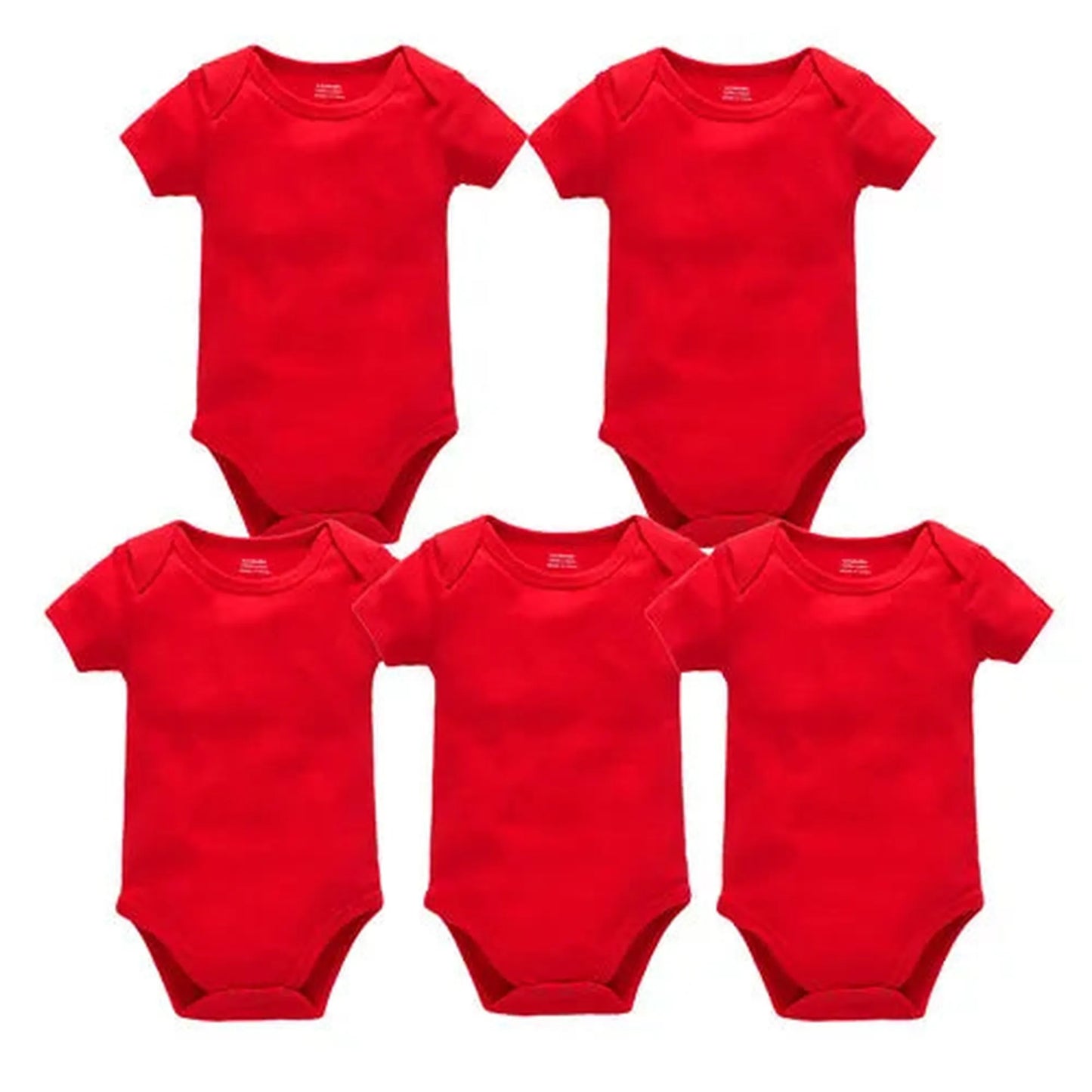 Five red short-sleeve cotton baby bodysuits with snap closures, perfect for everyday wear.