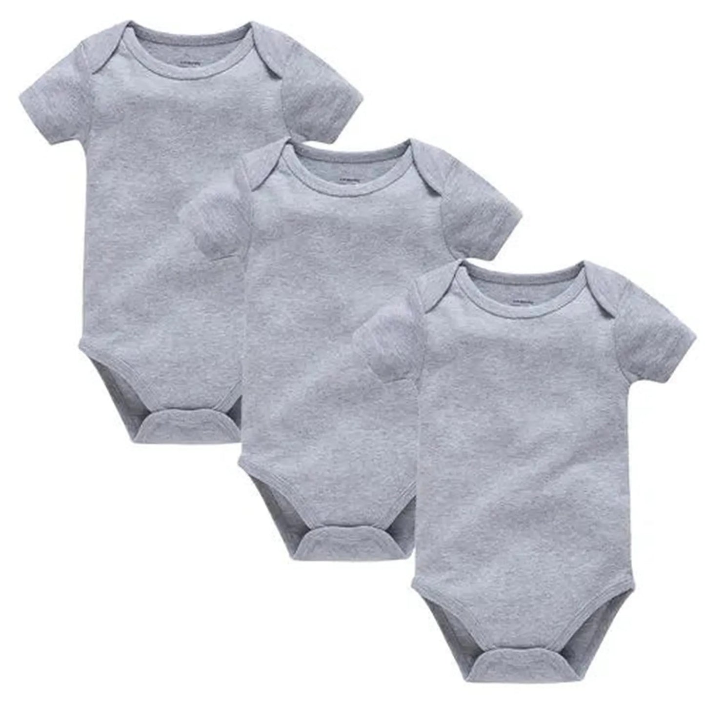 Three light gray short-sleeve cotton baby bodysuits with snap closures, perfect for everyday wear.