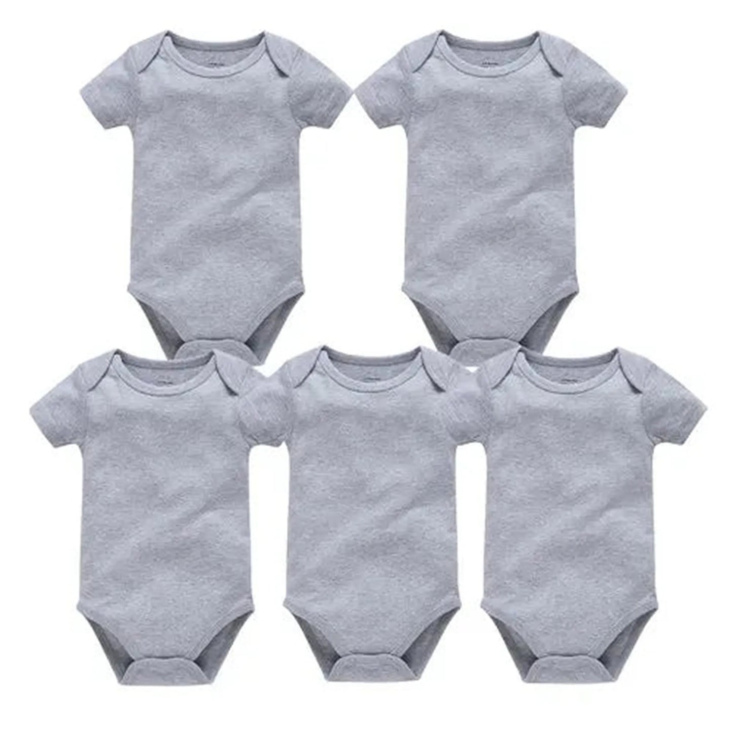 Five soft gray cotton short-sleeve baby bodysuits with snap closures, suitable for newborns to 24 months.