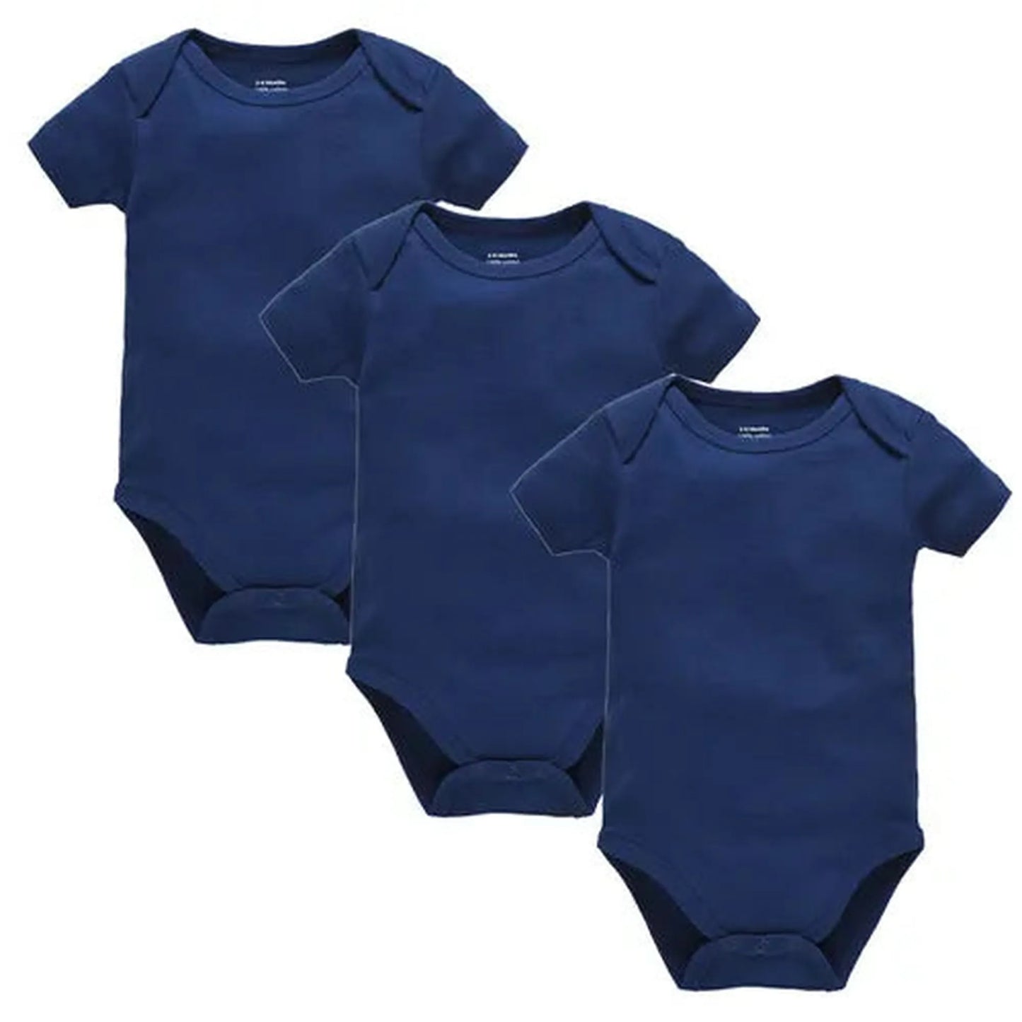 Three navy blue short-sleeve cotton baby bodysuits with snap closures, designed for comfort.