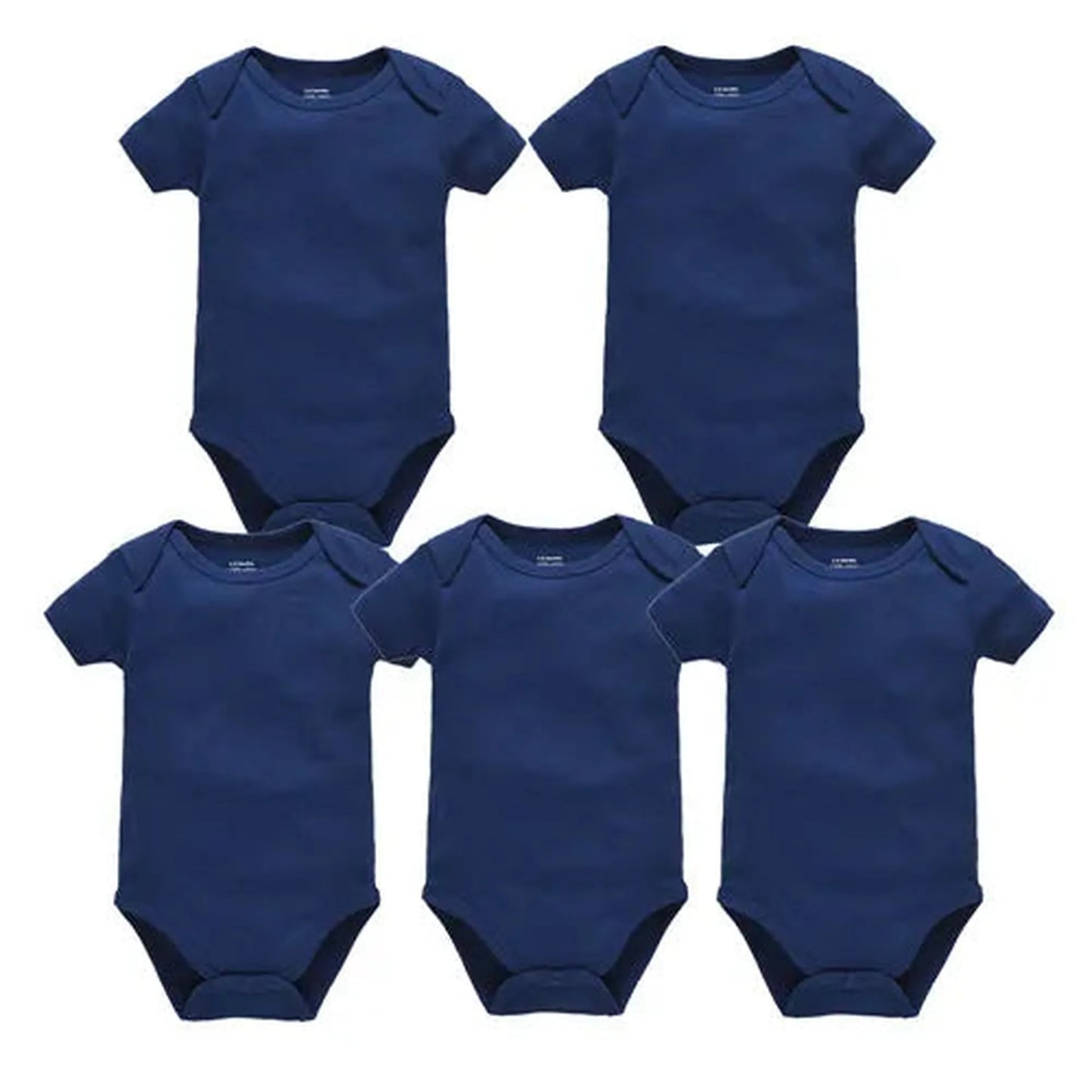 Five navy blue short-sleeve cotton baby bodysuits with snap closures, designed for comfort and breathability.