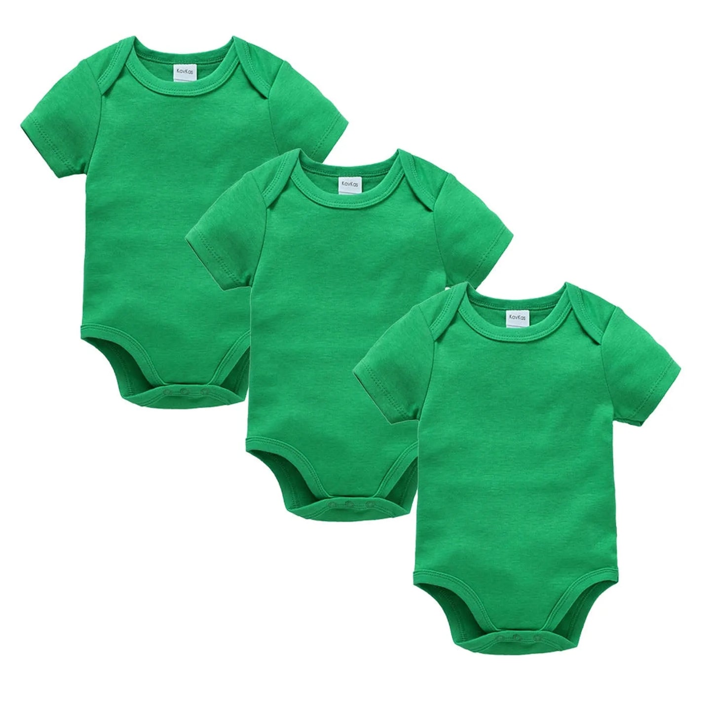 Three soft green cotton short-sleeve baby bodysuits with snap closures, perfect for everyday wear.