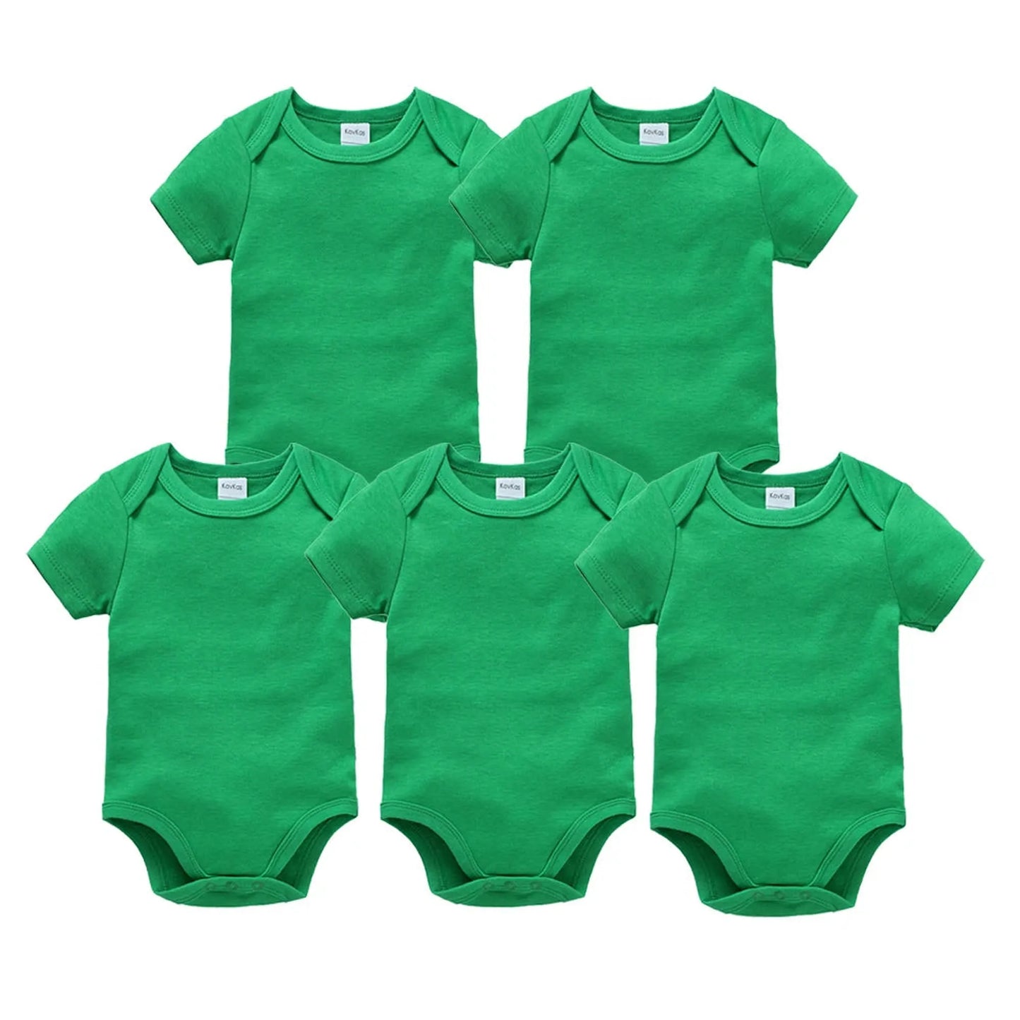 Five green short-sleeve cotton baby bodysuits with snap closures, perfect for newborns to 24 months.