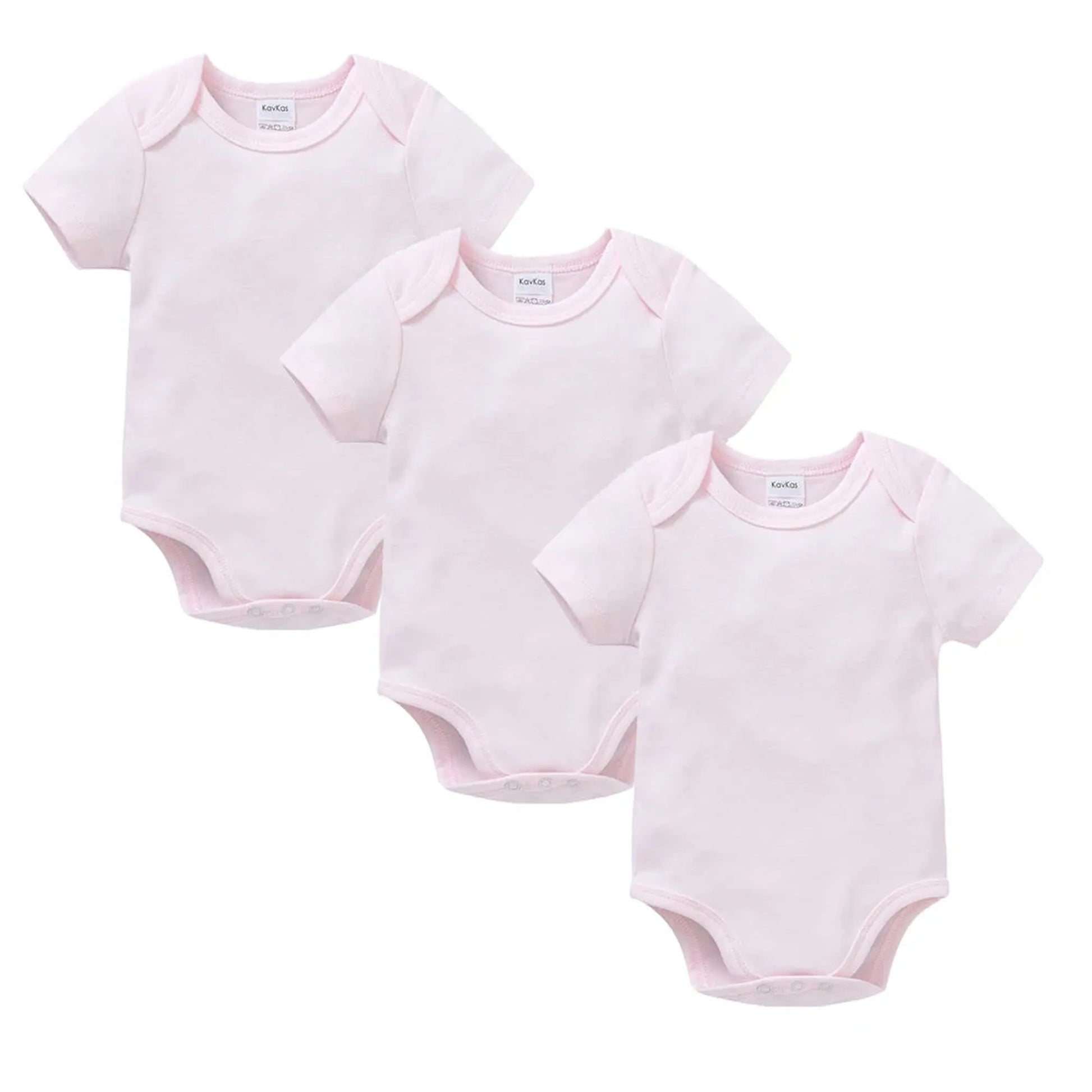 Three soft pink short-sleeve cotton baby bodysuits with snap closures, perfect for everyday wear.