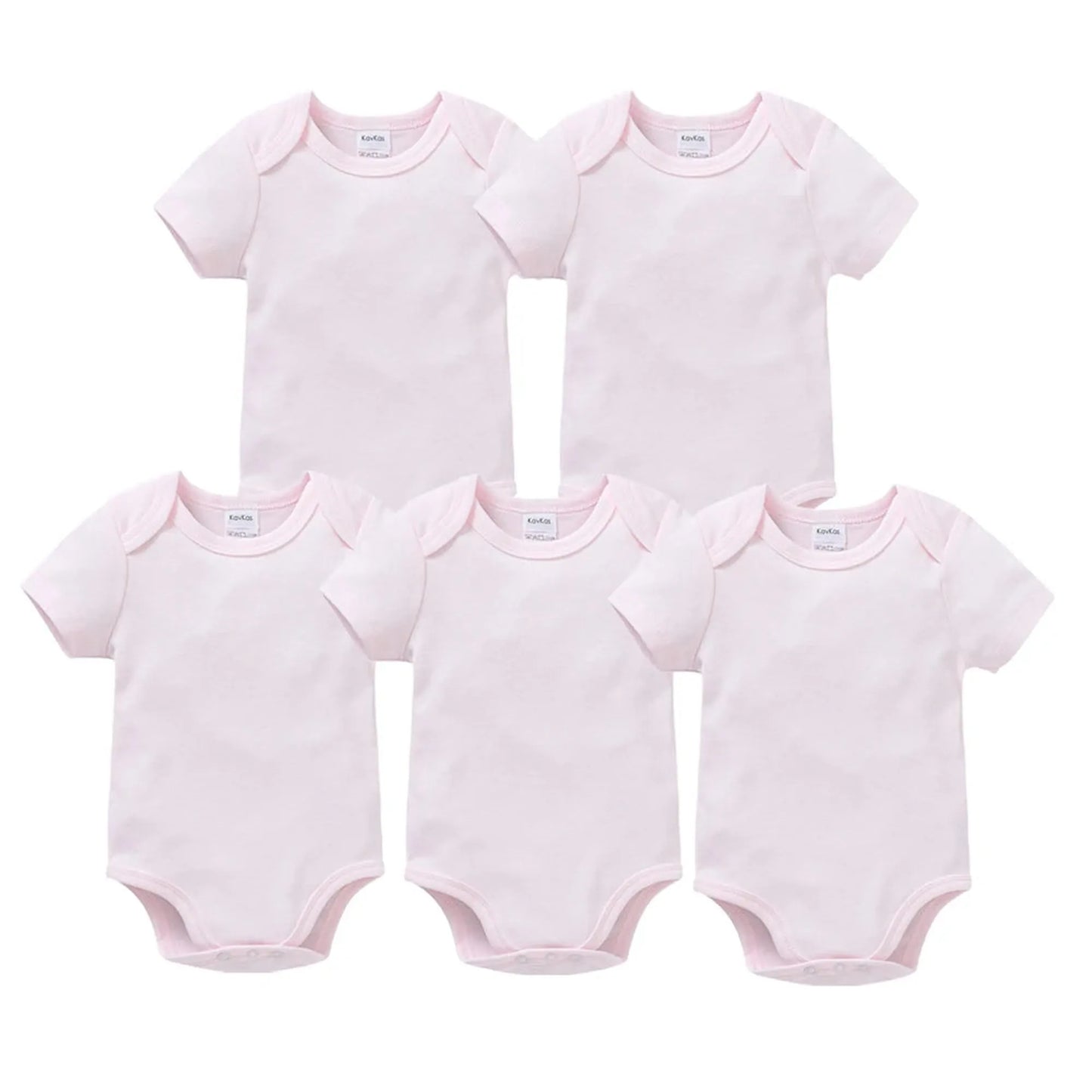 Five soft pink cotton short-sleeve baby bodysuits with snap closures, perfect for newborns to 24 months.
