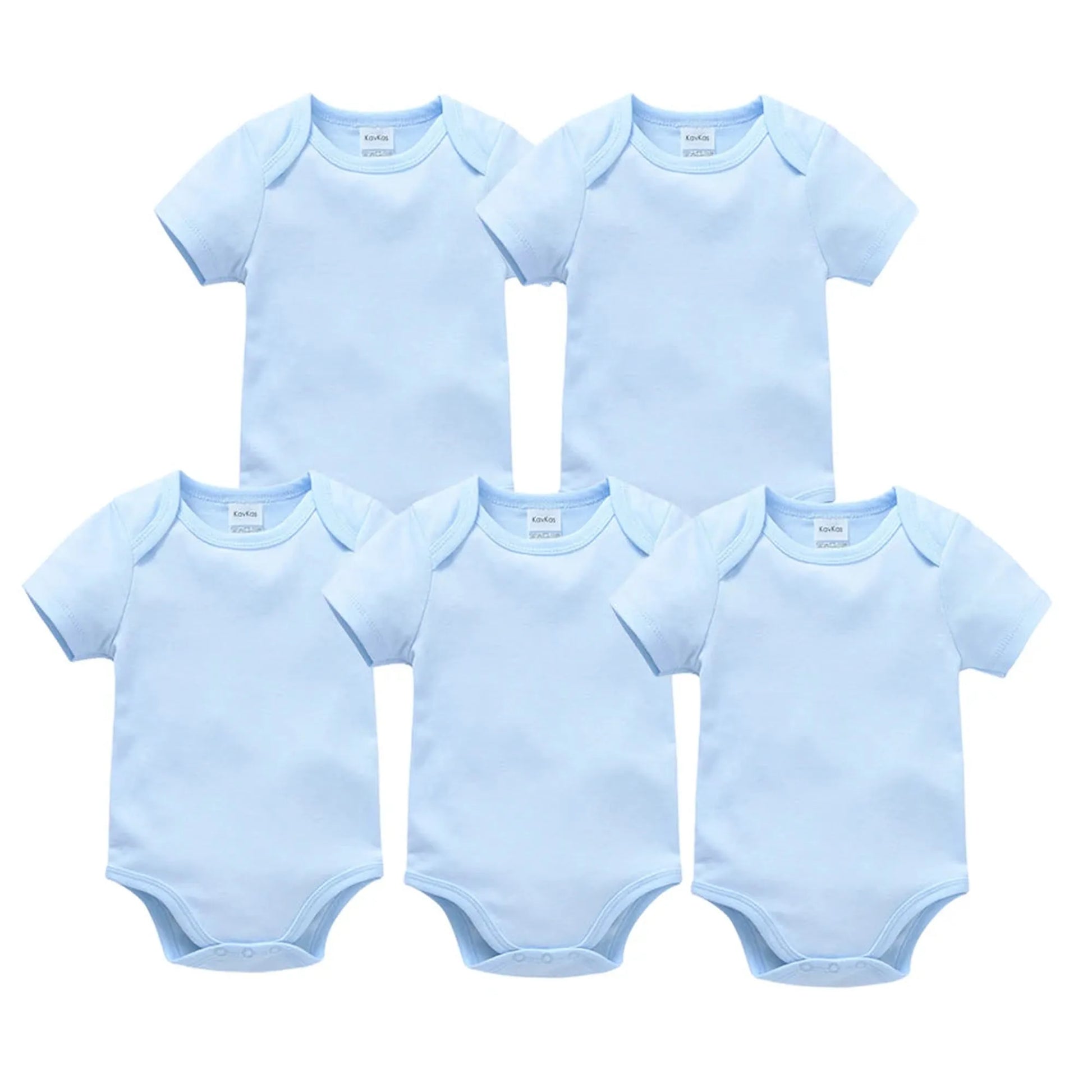 Five light blue short-sleeve cotton baby bodysuits with snap closures, neatly arranged.