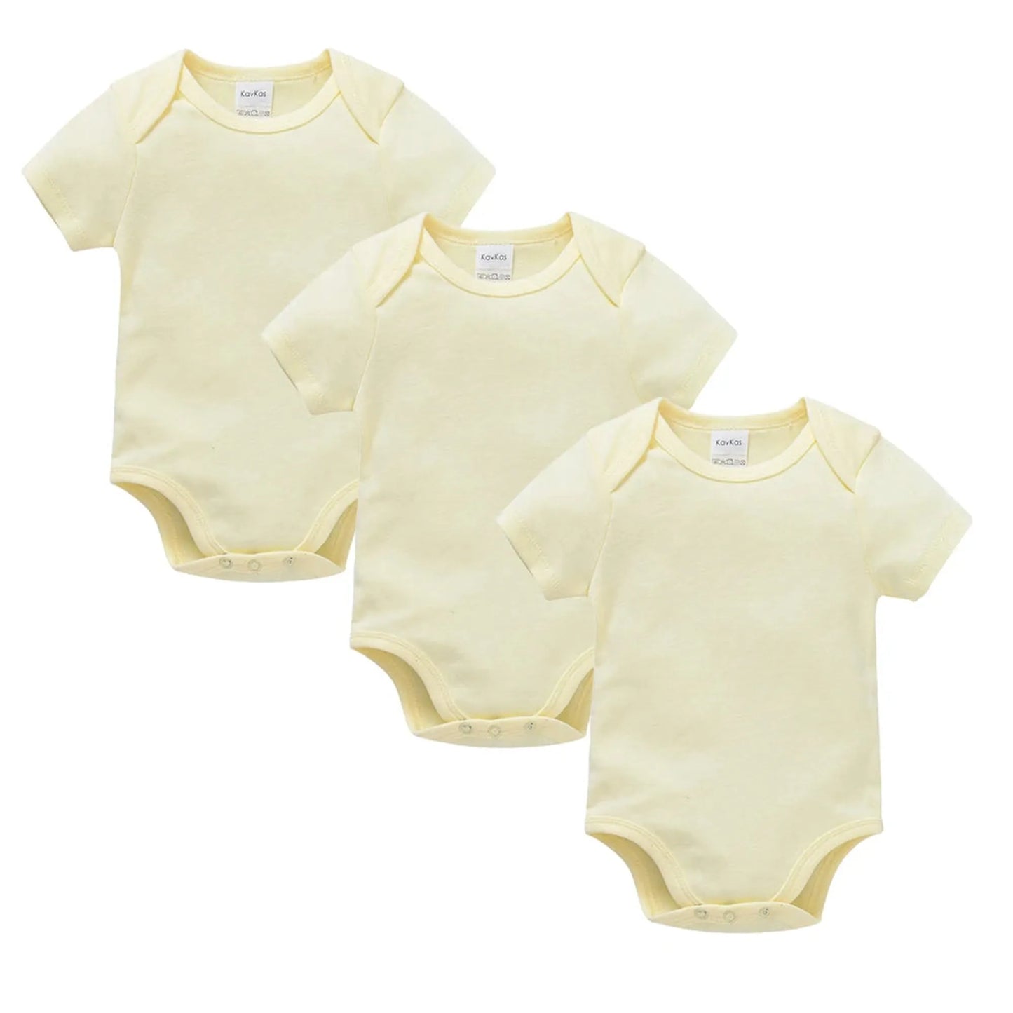 Three soft yellow cotton short-sleeve baby bodysuits with snap closures, designed for comfort and easy changing.