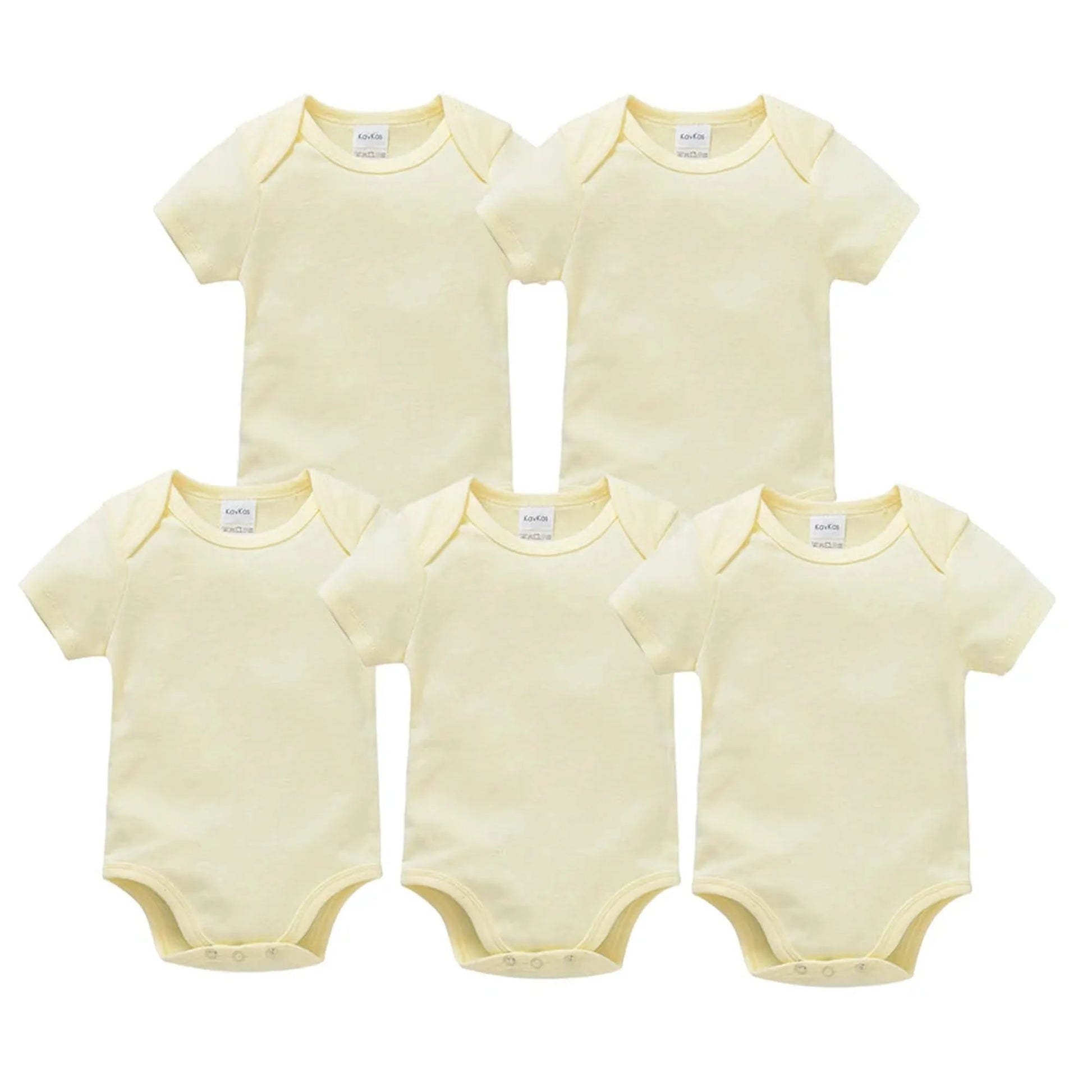 Five light yellow short-sleeve cotton baby bodysuits with snap closures, suitable for 0-24 months.