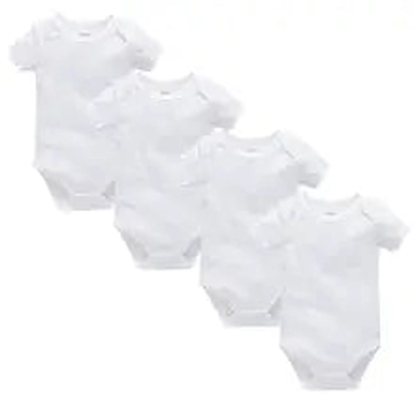 Four white short-sleeve baby bodysuits made from soft cotton with snap closures.