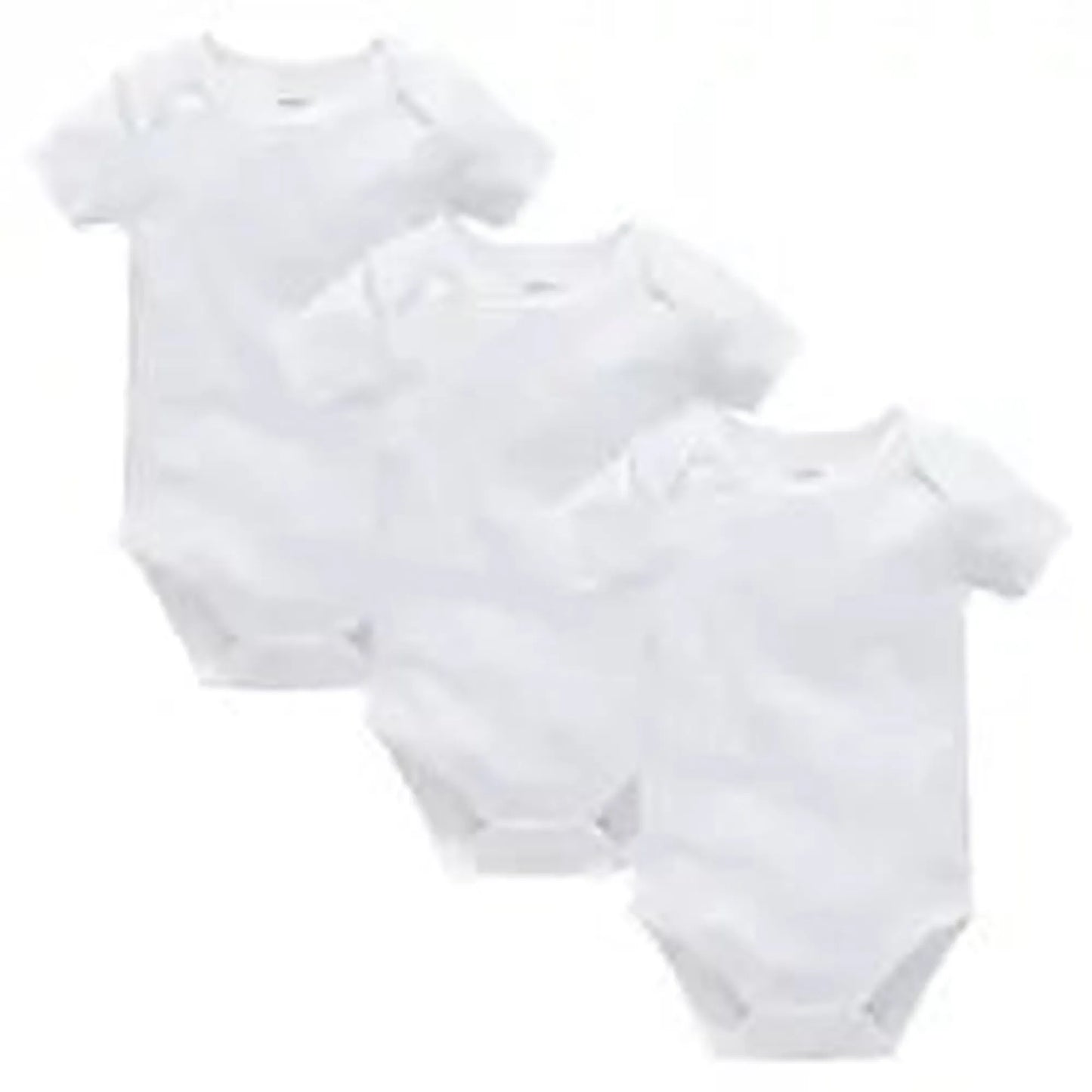 Three white short-sleeve cotton baby bodysuits with snap closures, ideal for newborns to 24 months.