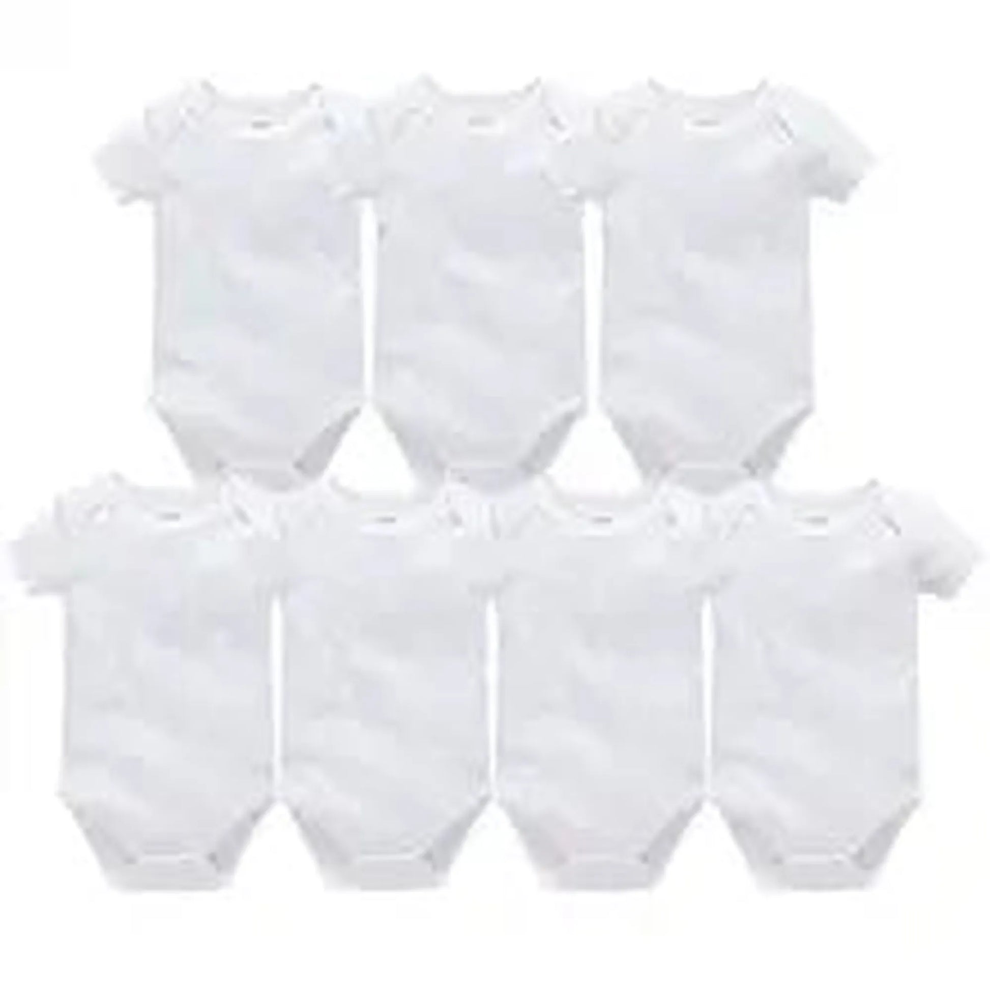Eight white short-sleeve cotton baby bodysuits with snap closures, perfect for everyday wear.