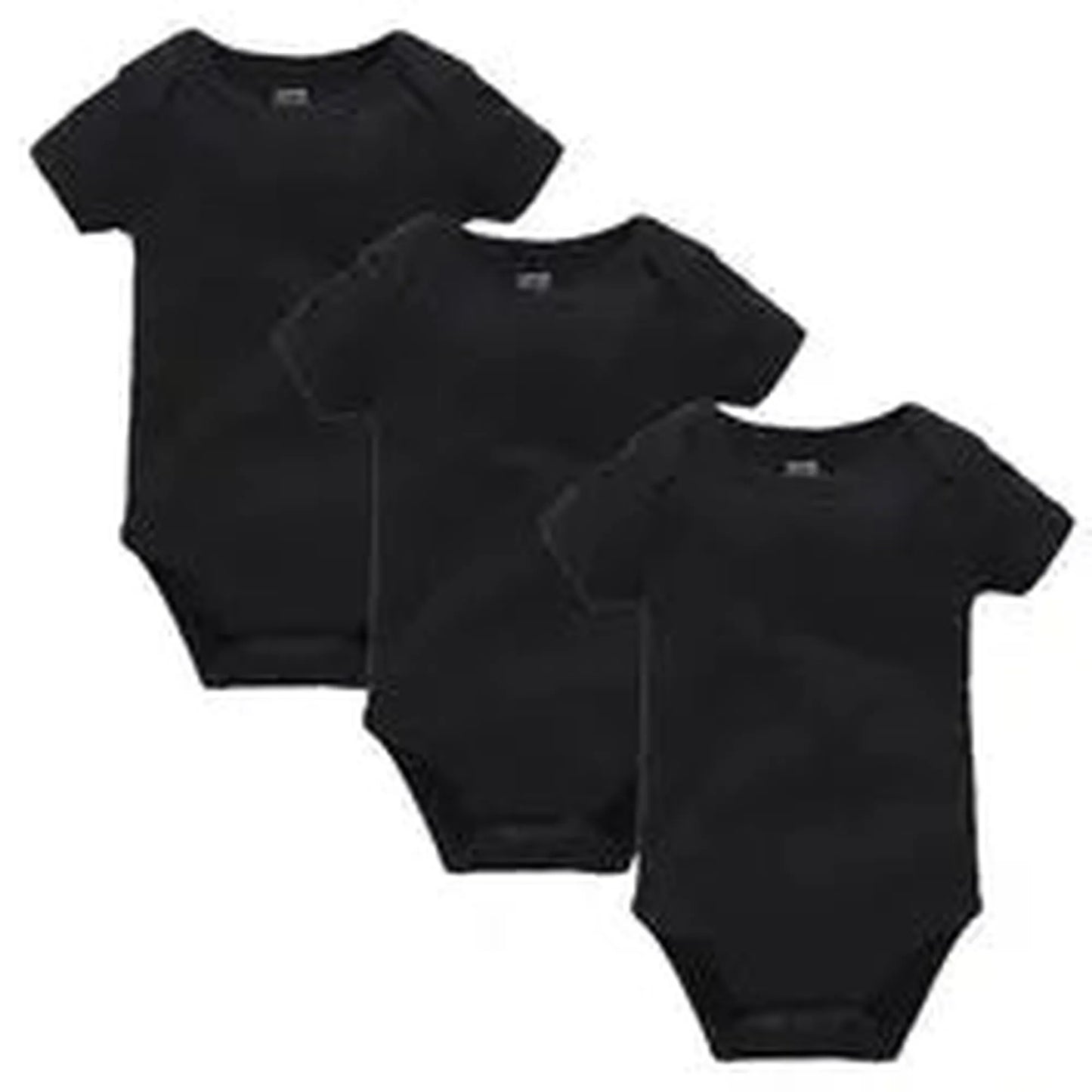Three black short-sleeve cotton baby bodysuits with snap closures, designed for comfort and easy changing.