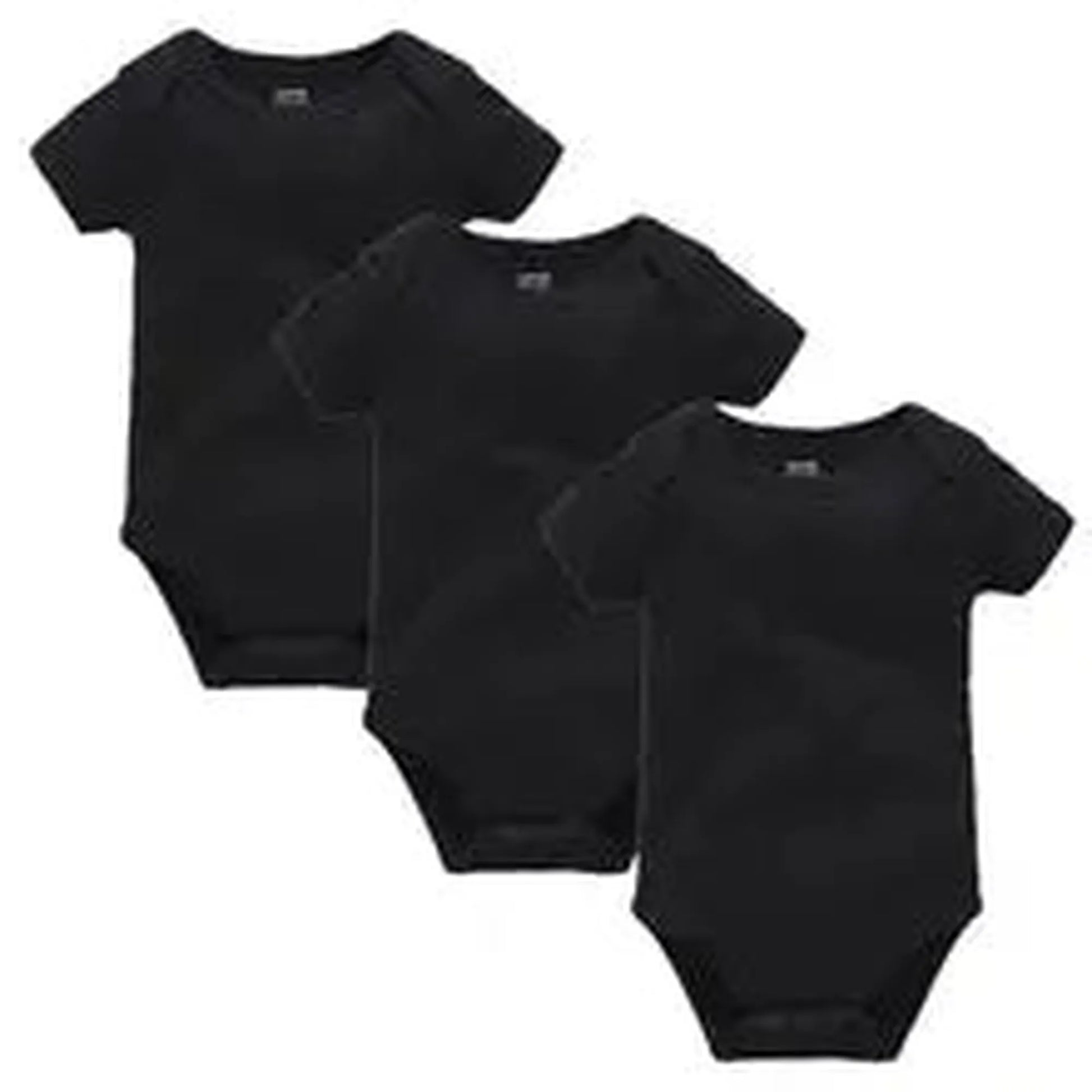 Three black short-sleeve cotton baby bodysuits with snap closures, designed for comfort and easy changing.
