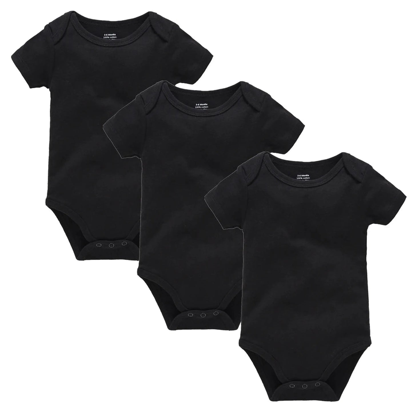 Three black short-sleeve cotton baby bodysuits with snap closures, ideal for 0-24 months.
