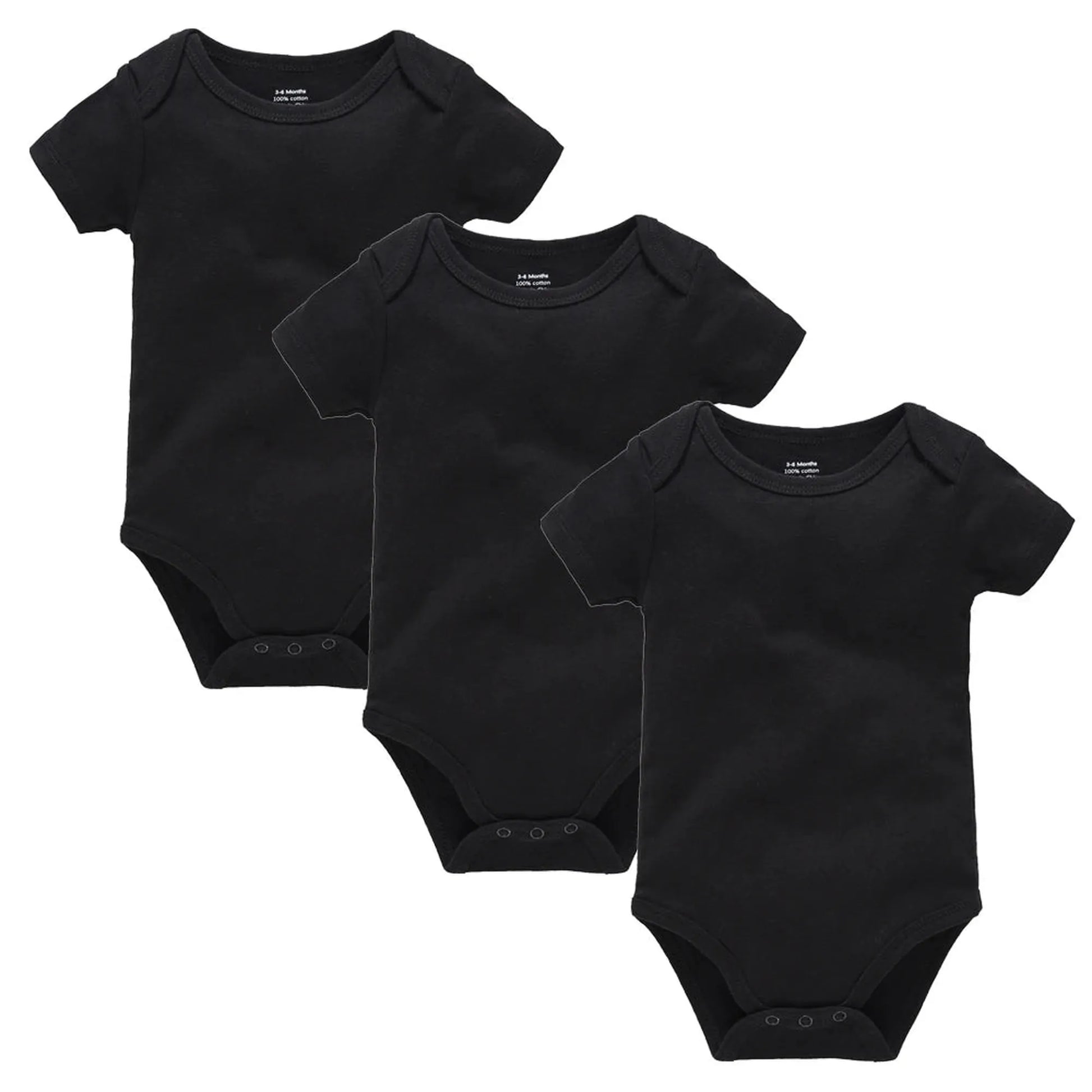 Three black short-sleeve cotton baby bodysuits with snap closures, ideal for 0-24 months.