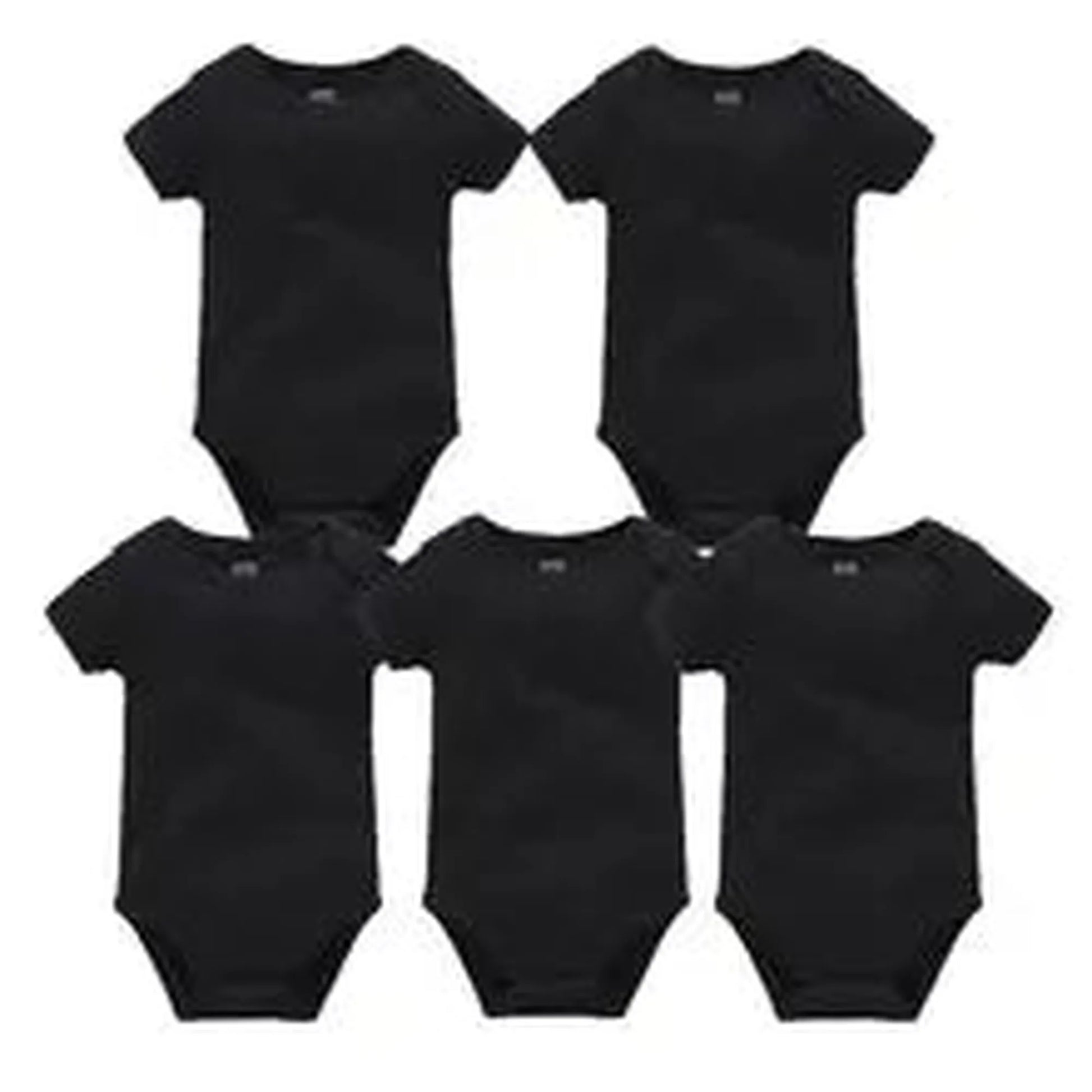 Five black short-sleeve cotton baby bodysuits with snap closures, perfect for everyday wear.