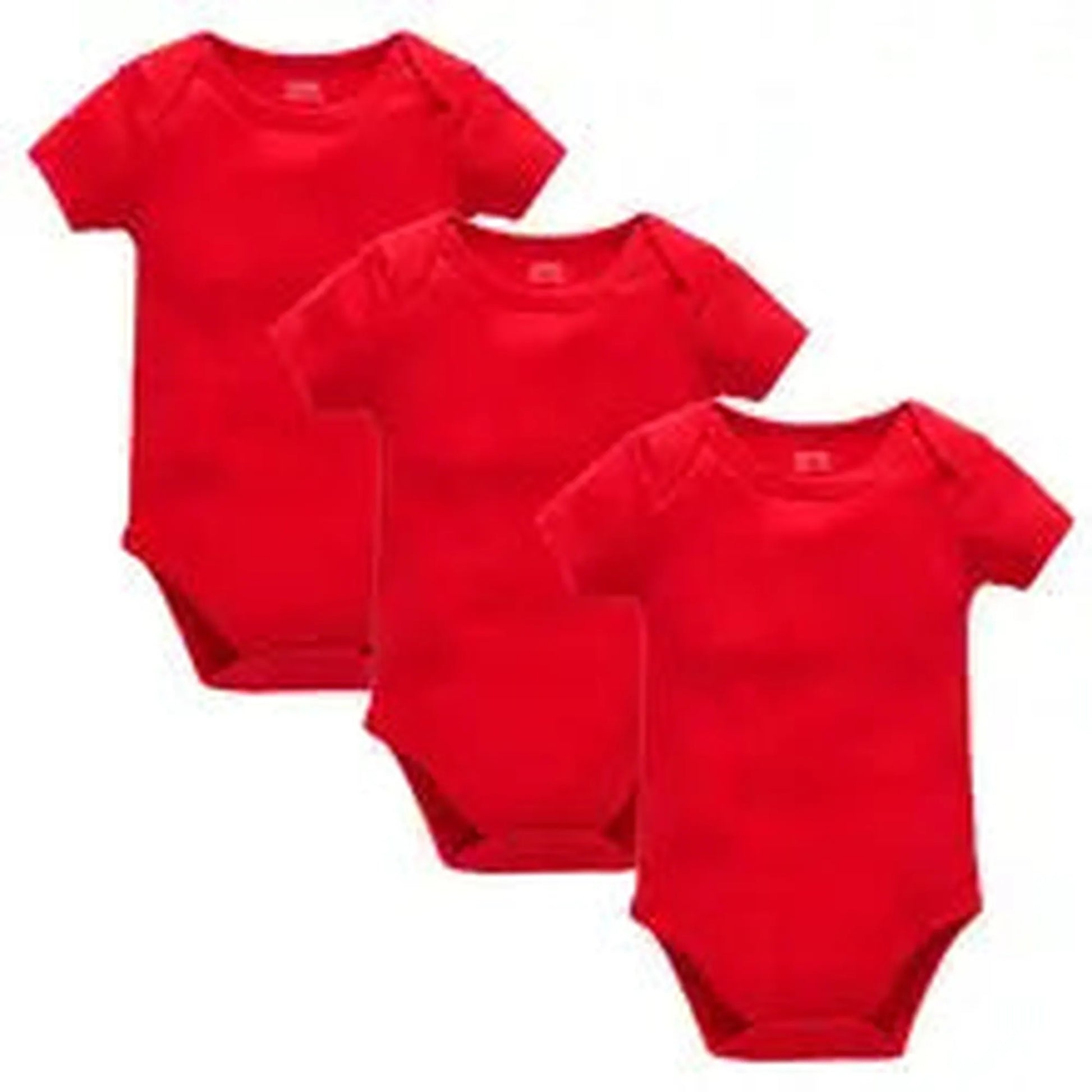 Three red short-sleeve cotton baby bodysuits with snap closures, perfect for everyday wear.
