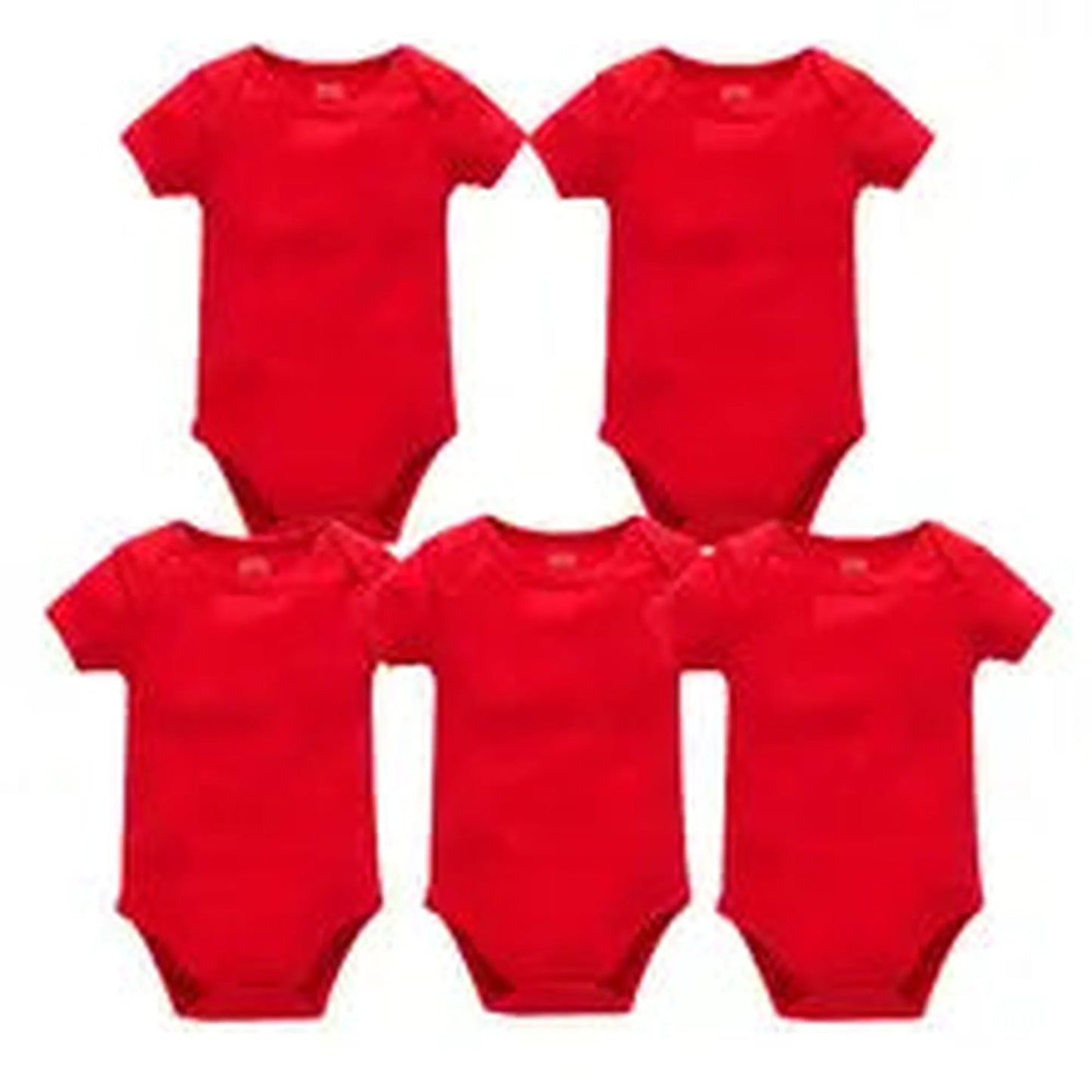 Five red short-sleeve cotton baby bodysuits with snap closures, perfect for everyday wear.