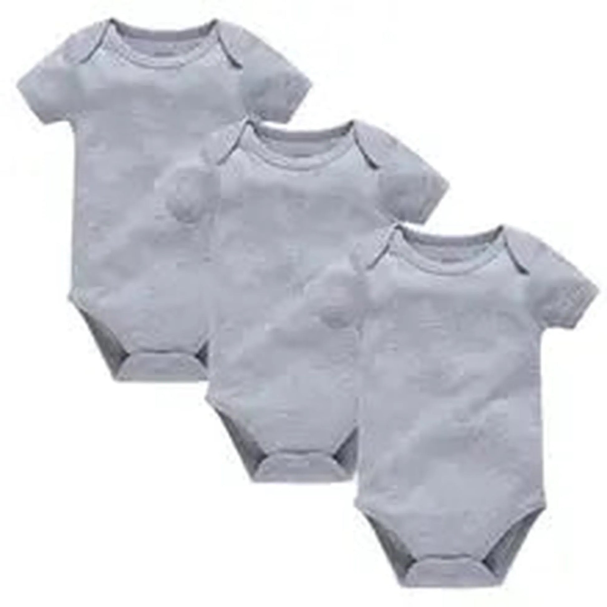 Three soft grey cotton short-sleeve baby bodysuits with snap closures for easy changing.