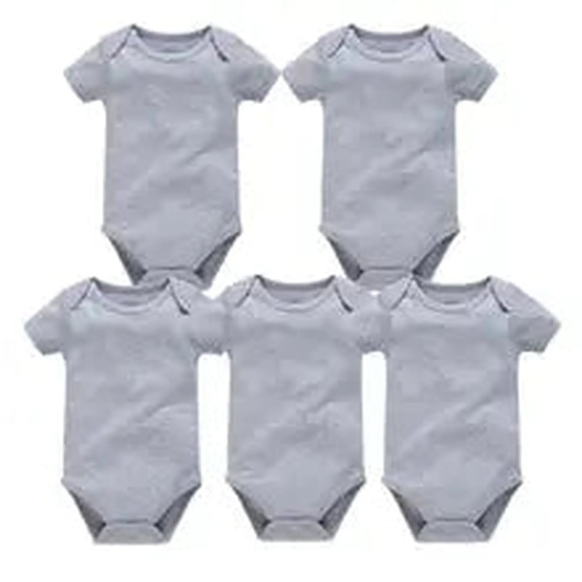 Five light gray short-sleeve cotton baby bodysuits with snap closures, perfect for newborns to 24 months.