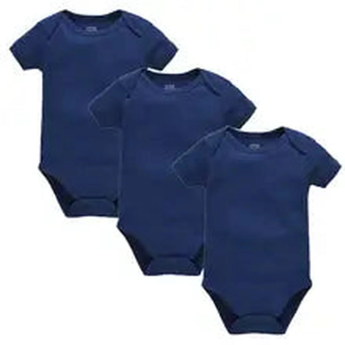 Three navy blue short-sleeve cotton baby bodysuits with snap closures, angled on a white background.