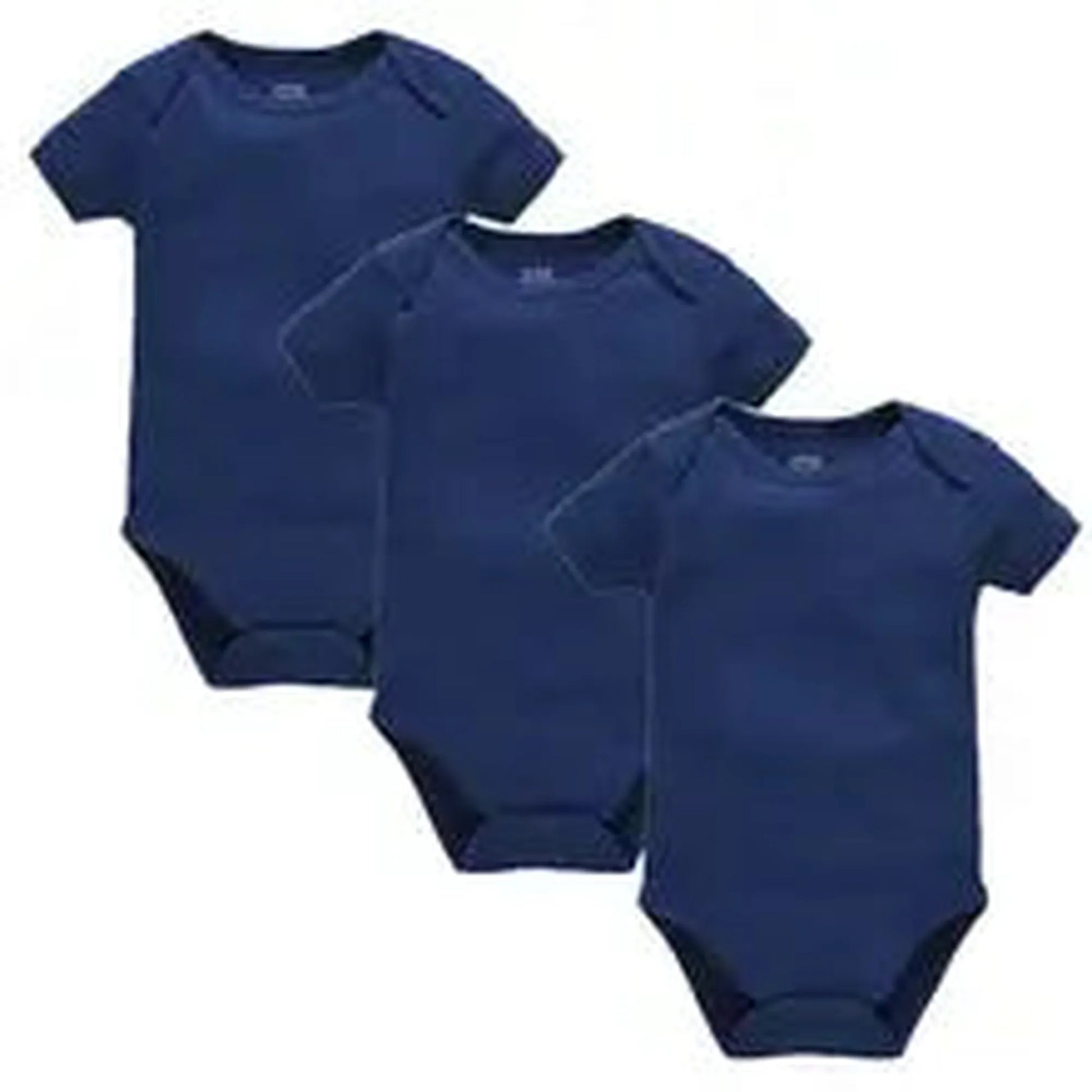 Three navy blue short-sleeve cotton baby bodysuits with snap closures, angled on a white background.