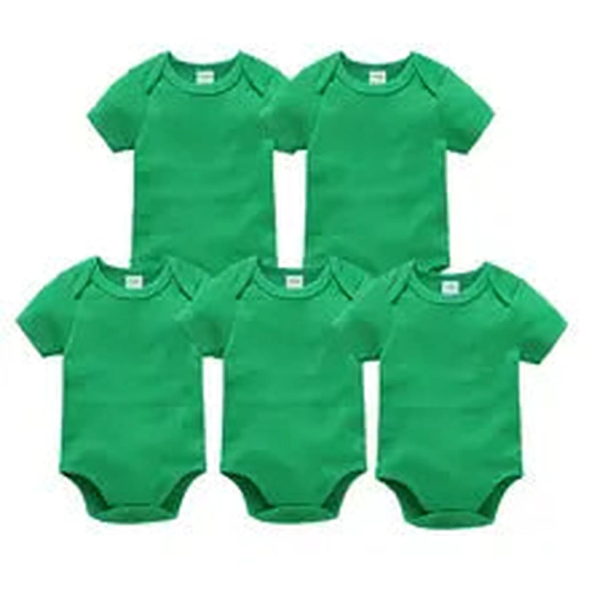 Five short-sleeve green cotton baby bodysuits with snap closures, perfect for everyday wear.