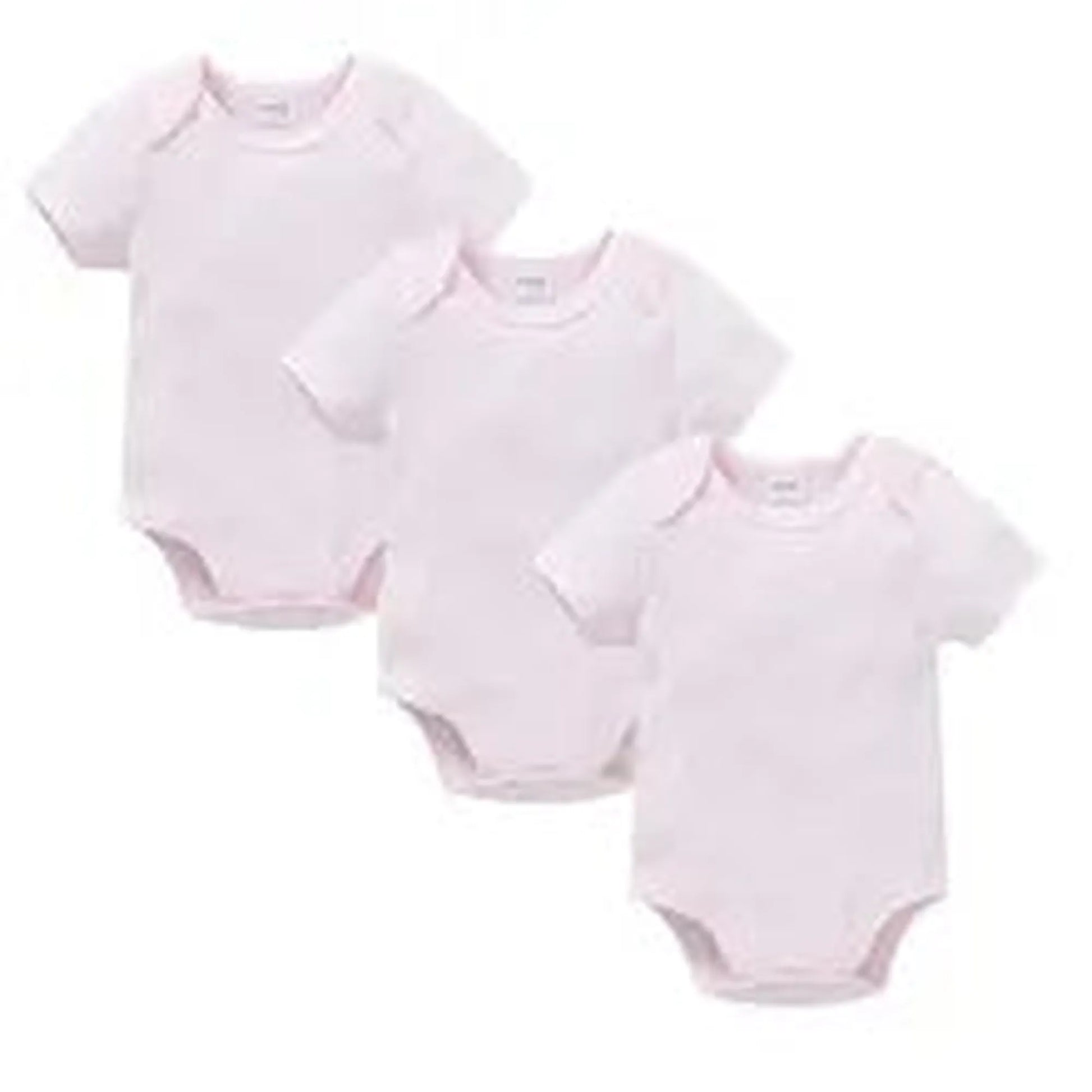 Three soft pink short-sleeve cotton baby bodysuits with snap closures, perfect for everyday wear.